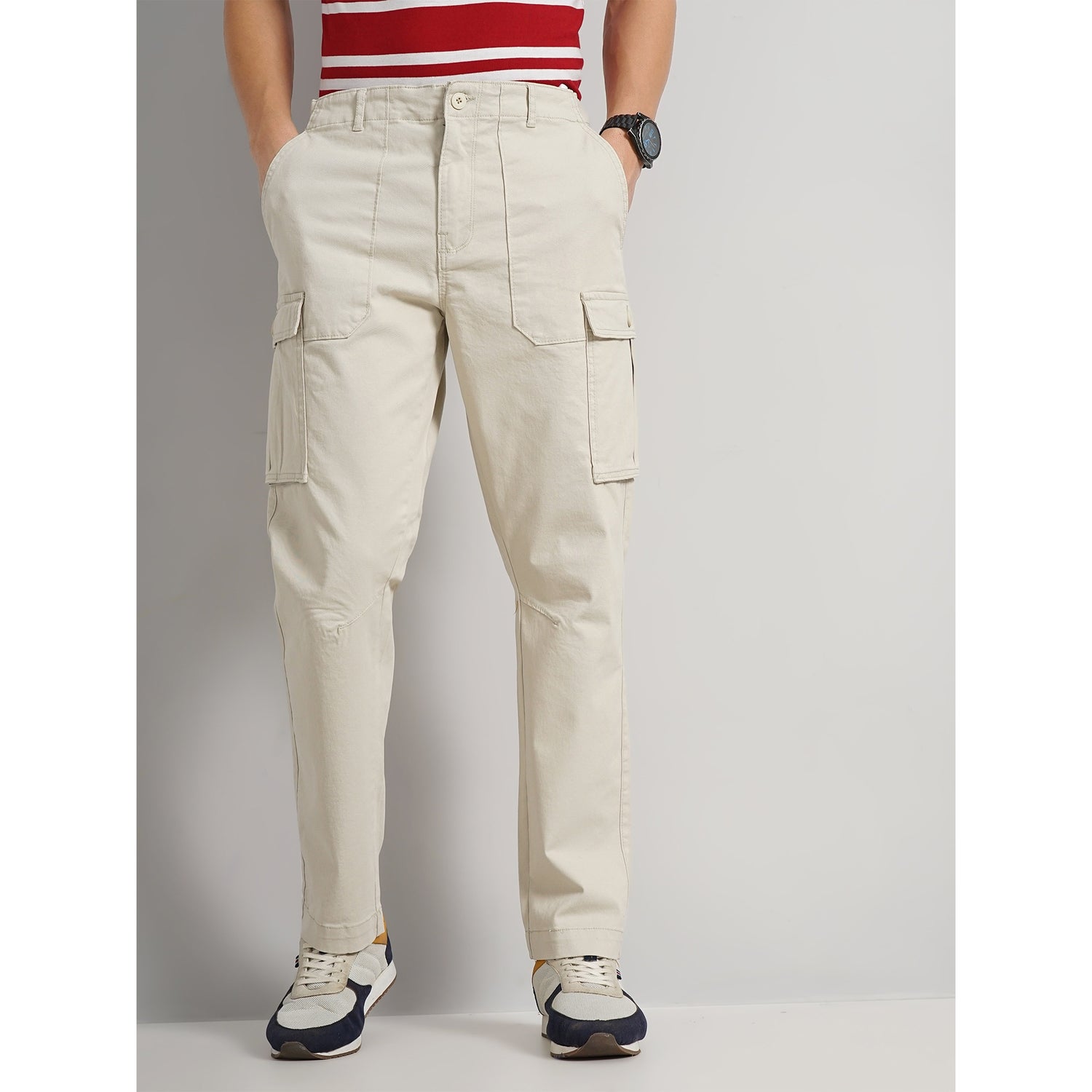Men's Beige Solid Regular Fit Cotton Cargo Casual Trouser (FOCAR)