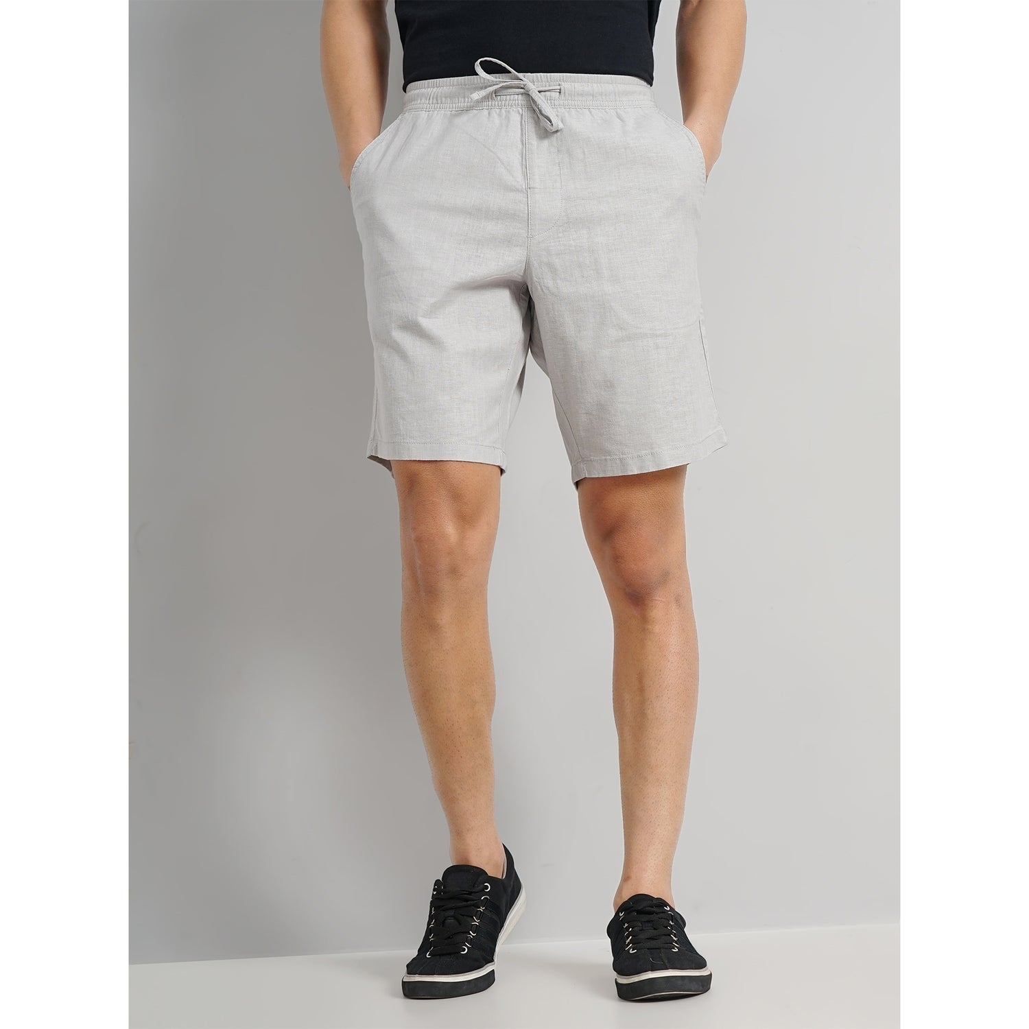 Men's Grey Solid Regular Fit Linen Casual Shorts (DOLINCOBM1)