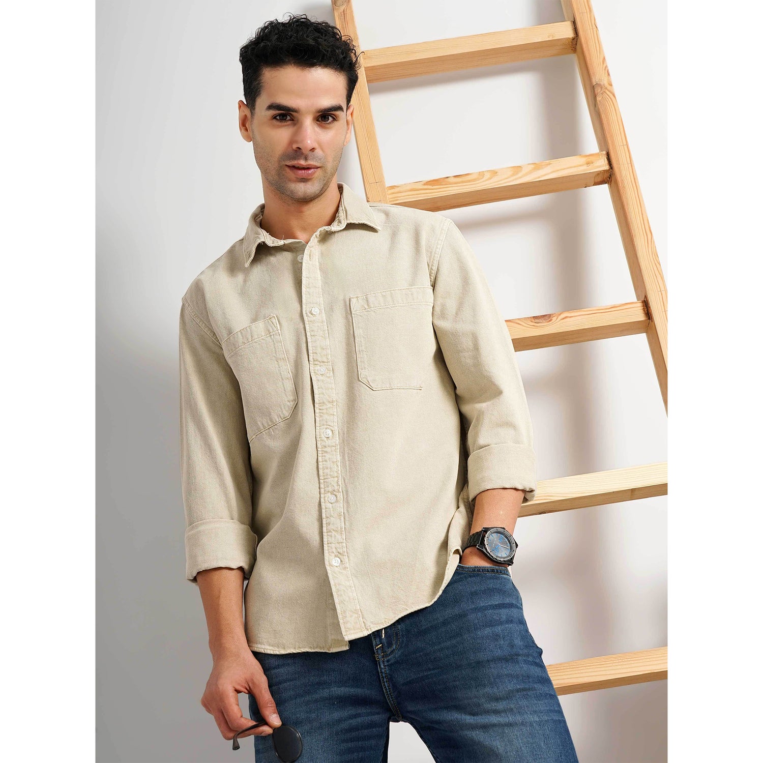 Men's Beige Solid Slim Fit Cotton Denim Casual Shirt (GAINDIEIN)