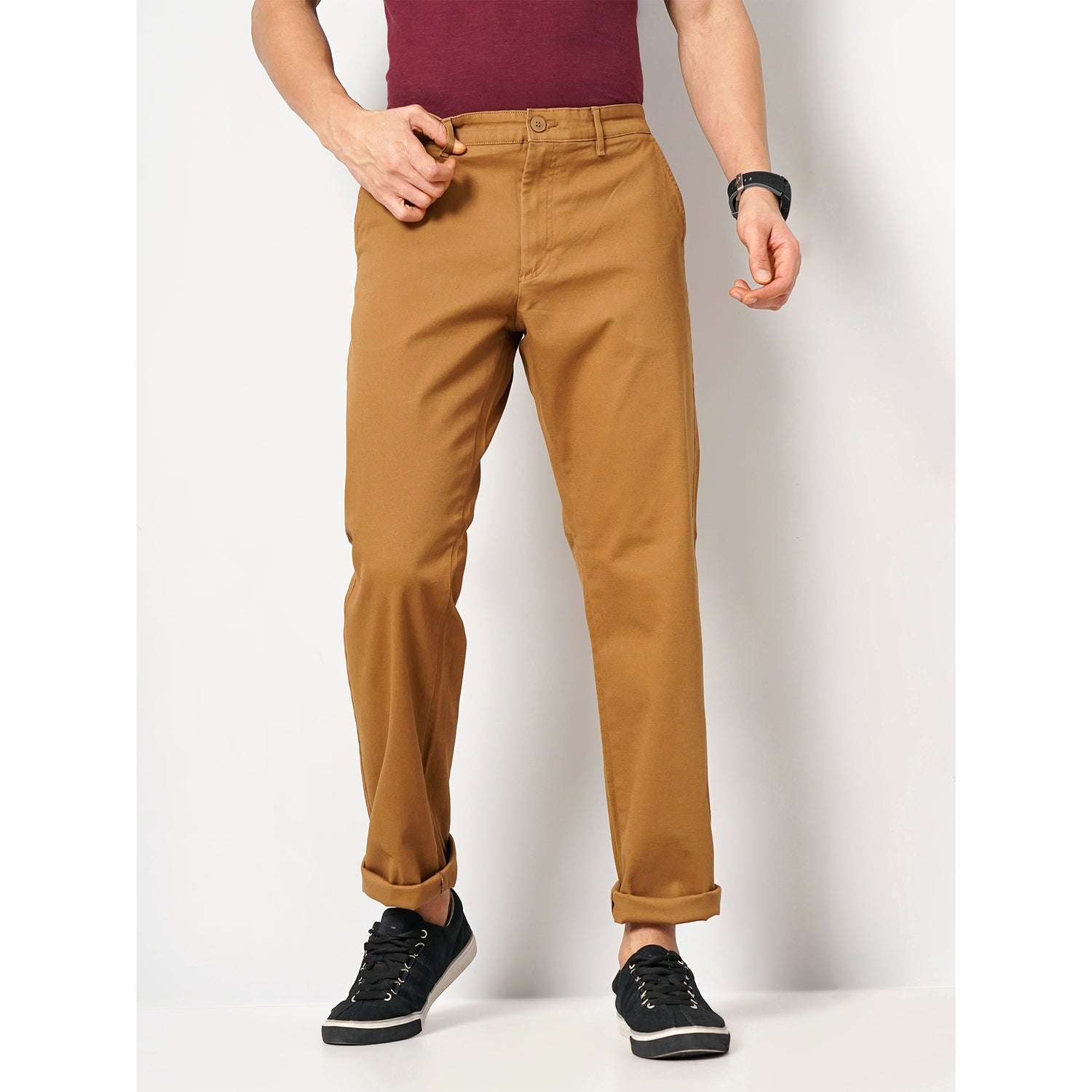 Men's Brown Solid Straight Fit Cotton Chino Casual Trouser (TOHENRI1)