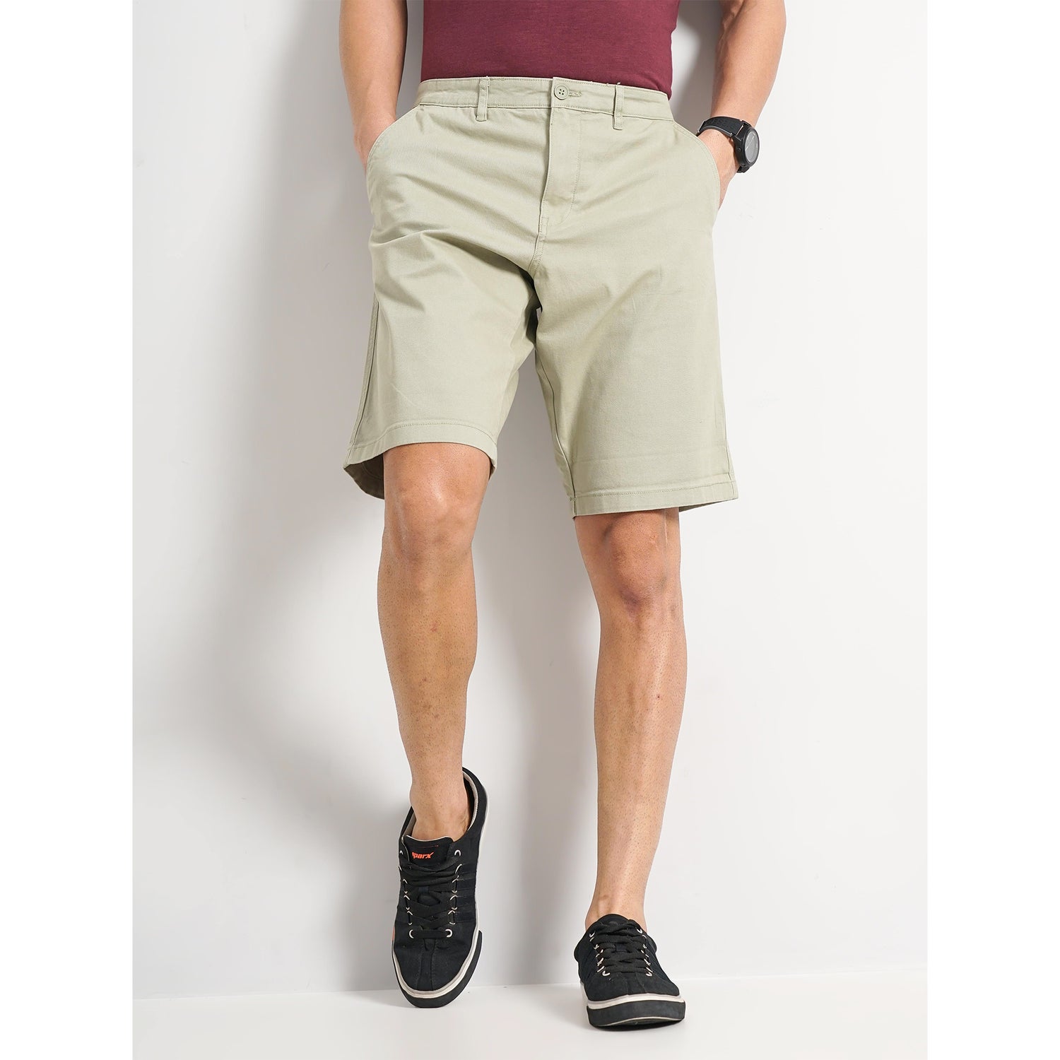 Men's Green Solid Regular Fit Cotton Chino Casual Shorts (BOCHINOBM2)