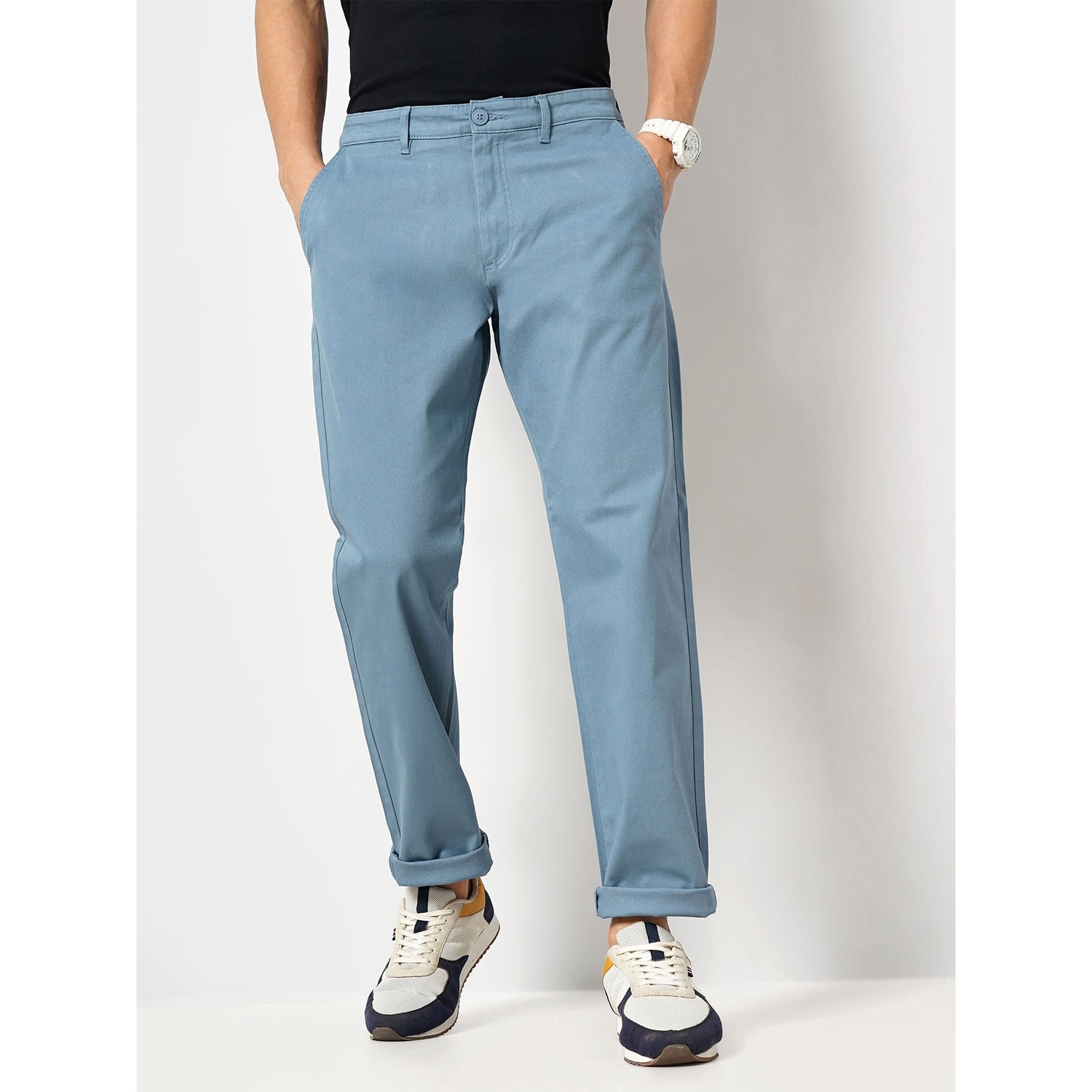 Men's Blue Solid Straight Fit Cotton Chino Casual Trouser (TOHENRI1)