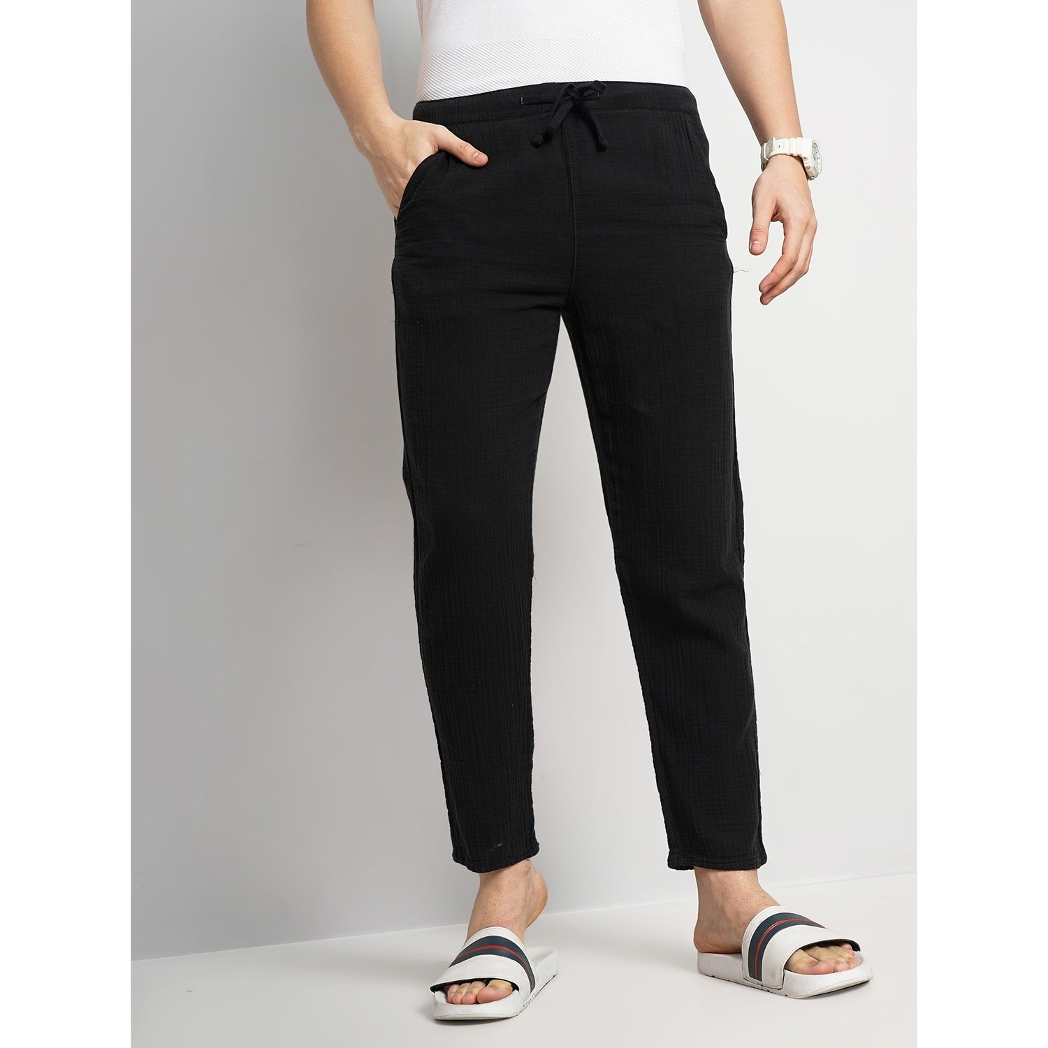 Men's Black Solid Regular Fit Cotton Fashion Trousers (GOBOGAZE)
