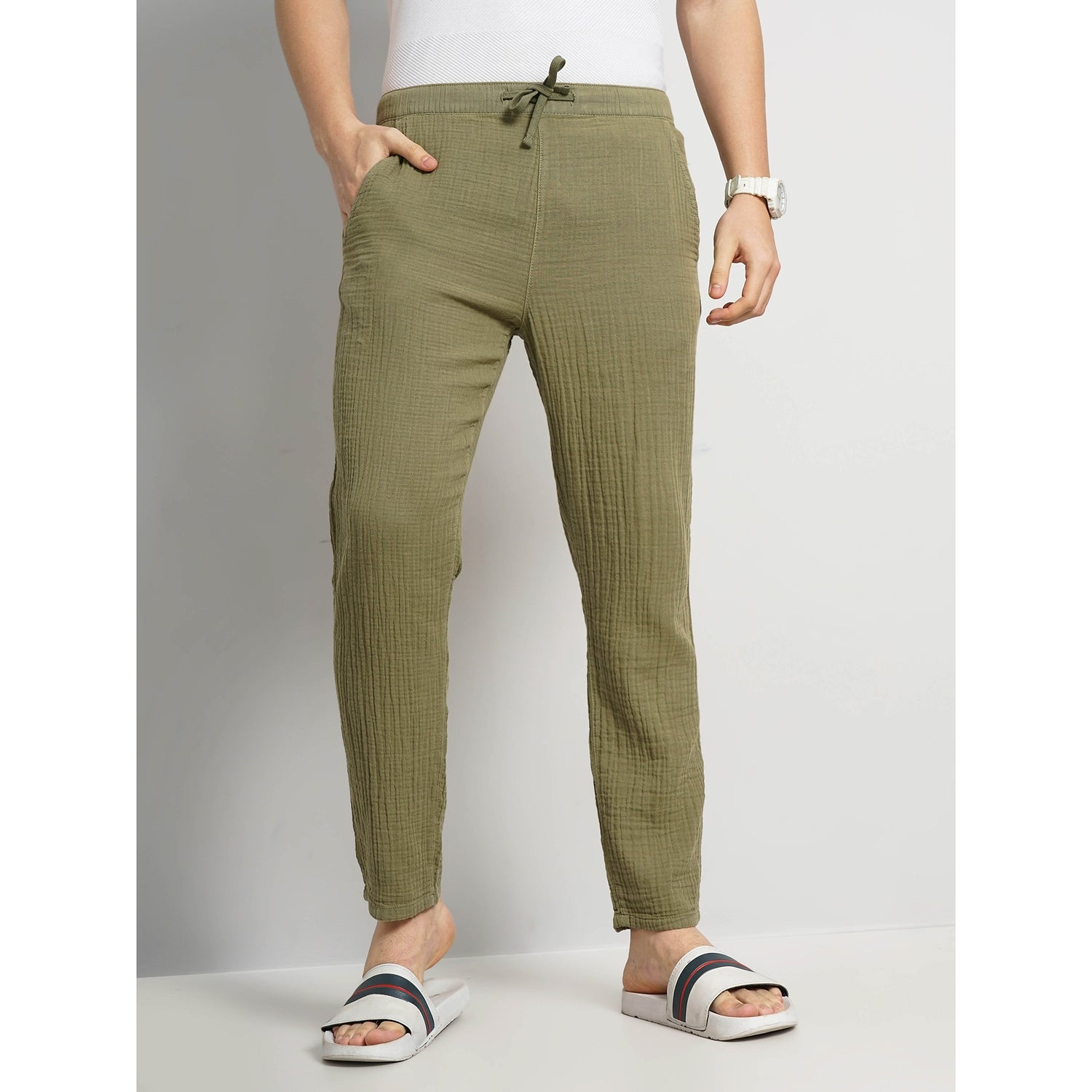 Men's Green Solid Regular Fit Cotton Fashion Trousers (GOBOGAZE)