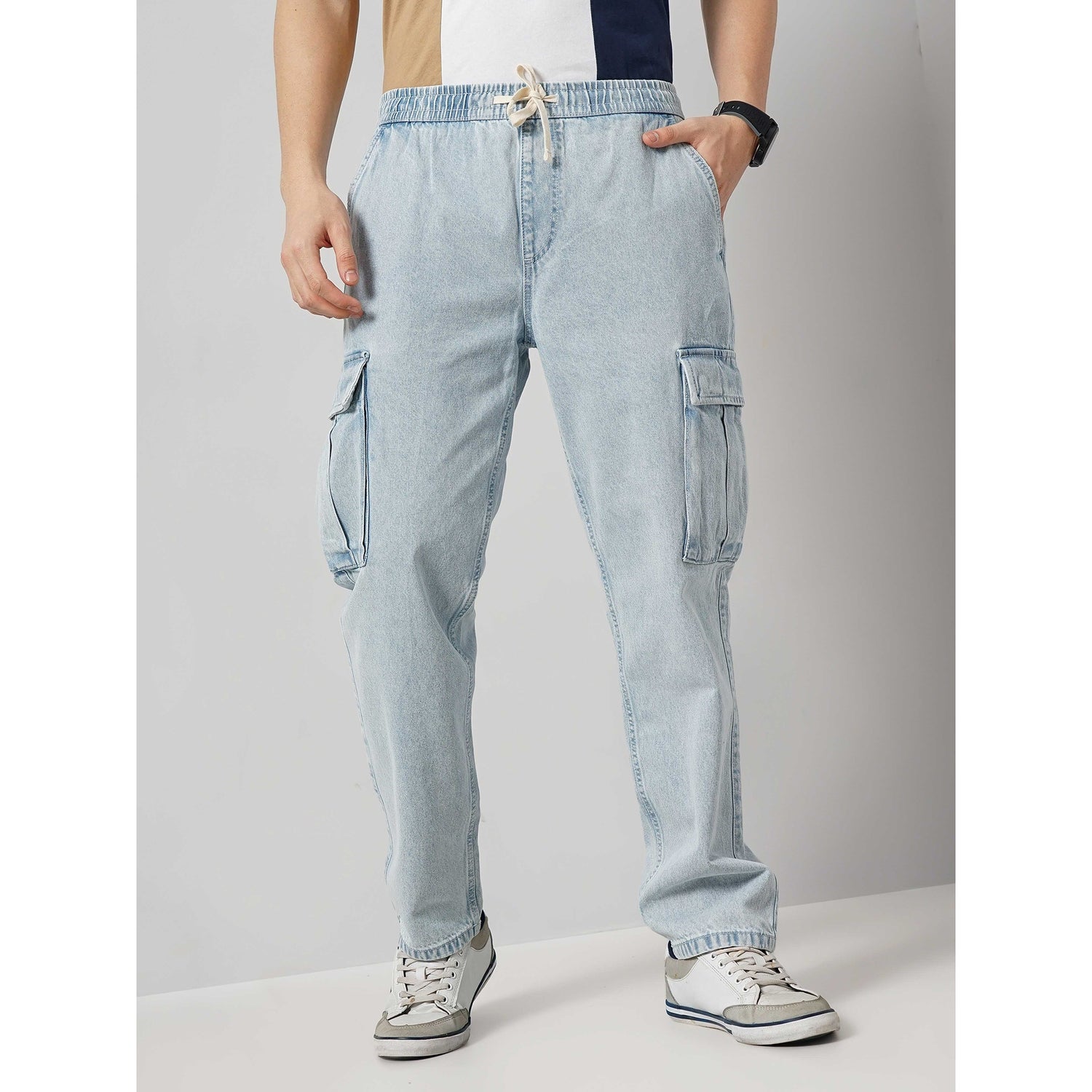 Men's Blue Solid Regular Fit Cotton Trousers (GOCARGO1)