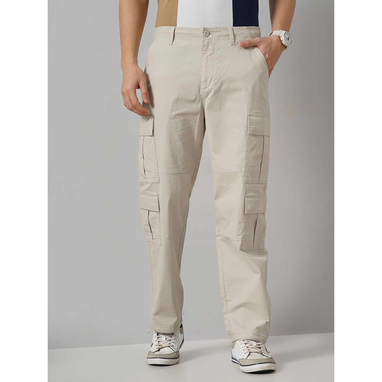 Men's Beige Solid Regular Fit Cotton Trousers (GONICO)