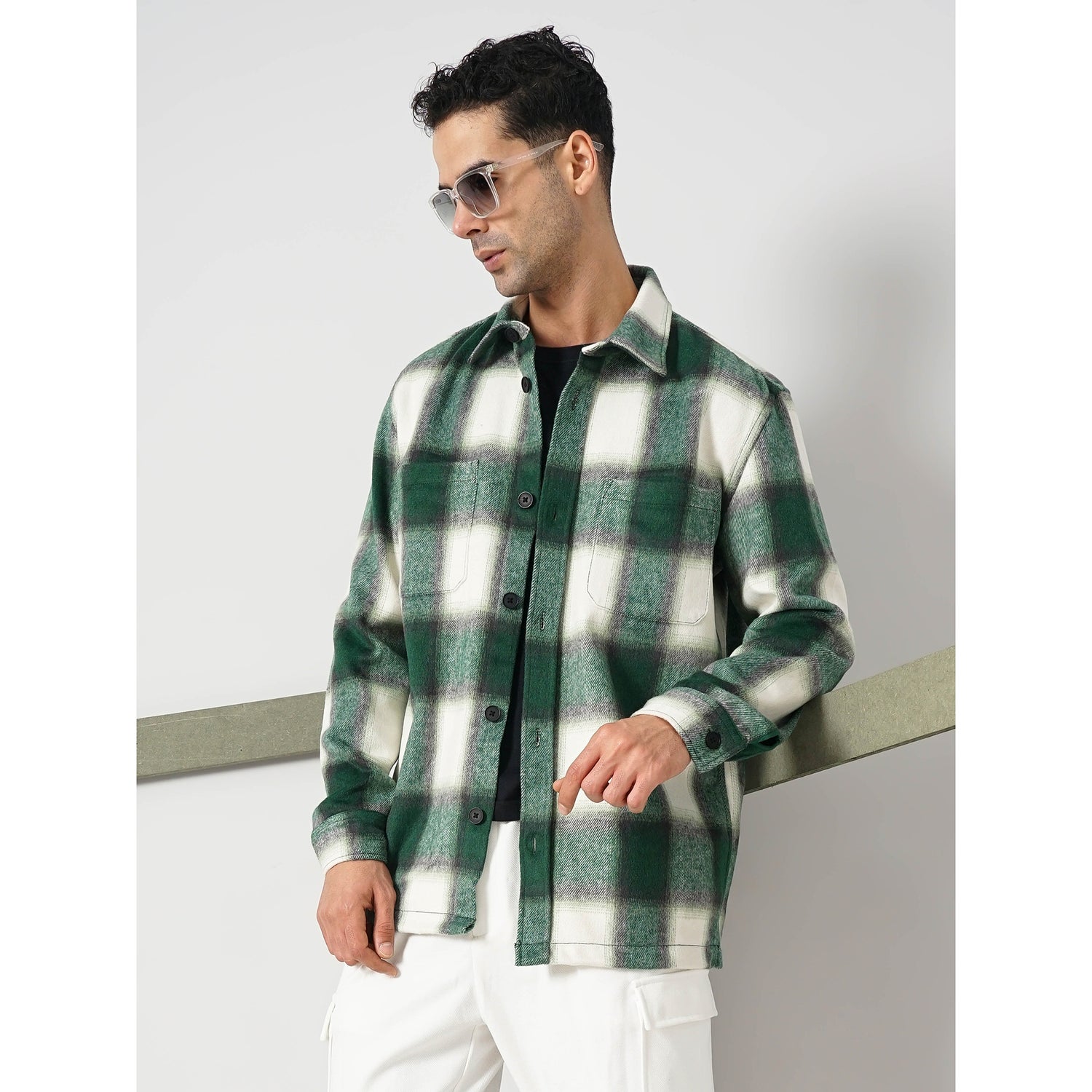 Men's Green Striped Oversized Polyester Shirt (GASUCARO)