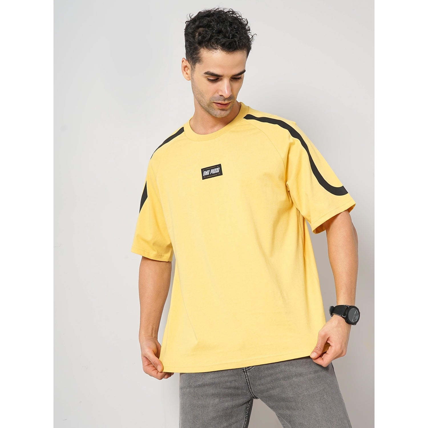 One Piece - Men's Yellow Printed Regular Fit Cotton Tshirt (LFEACETIN)