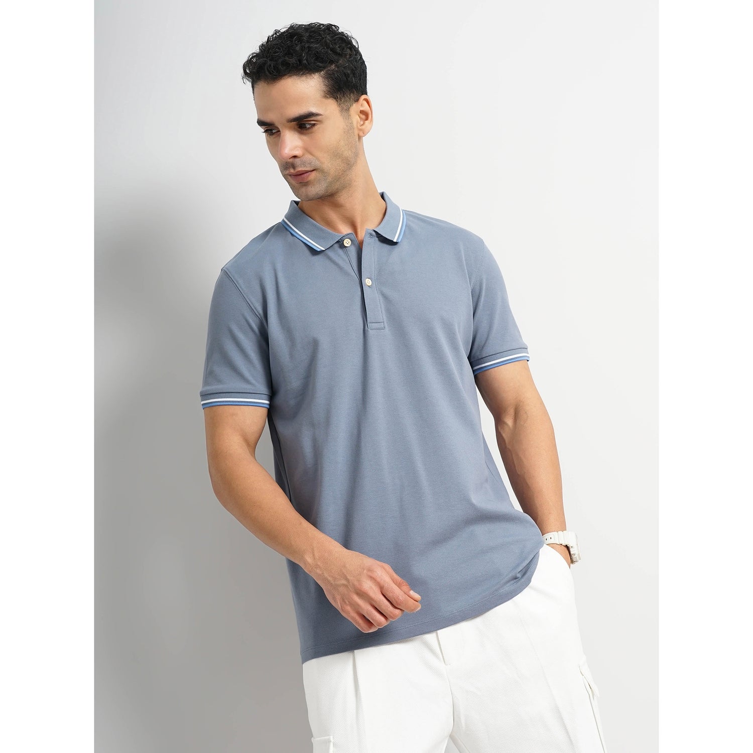 Men's Blue Solid Slim Fit Cotton Polo with Tipping Tshirts (DECOLRAYEB3)