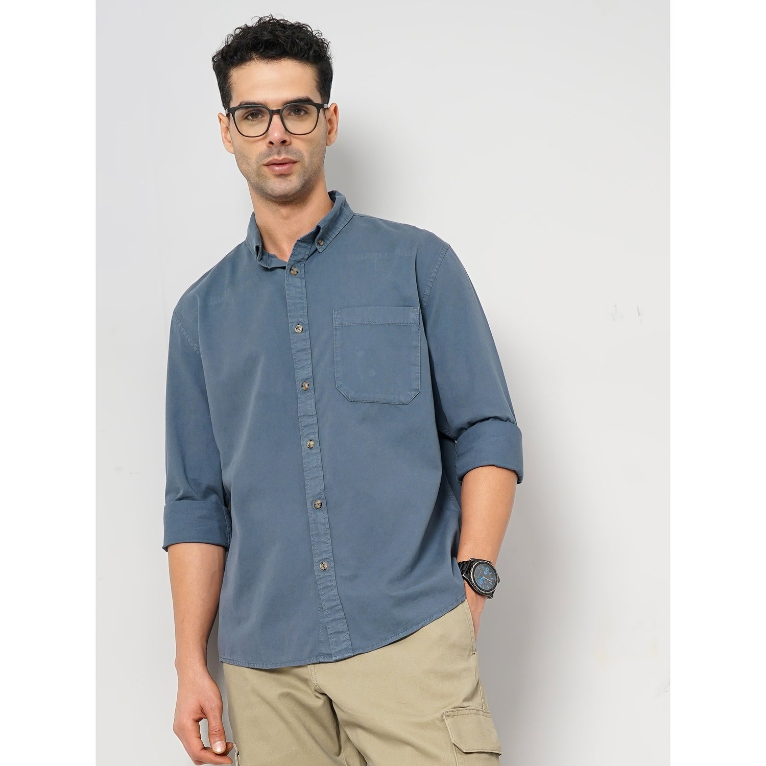 Men's Blue Solid Regular Fit Cotton Shirt (GAPEACH)