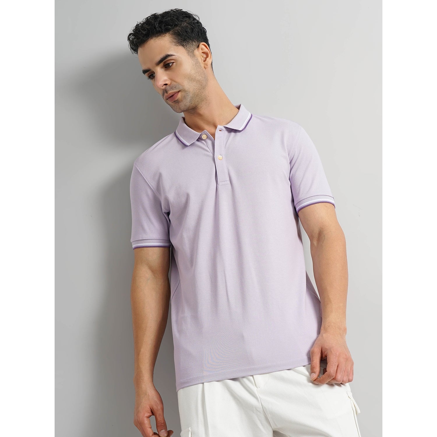 Men's Purple Solid Slim Fit Cotton Polo with Tipping Tshirts (DECOLRAYEB3)