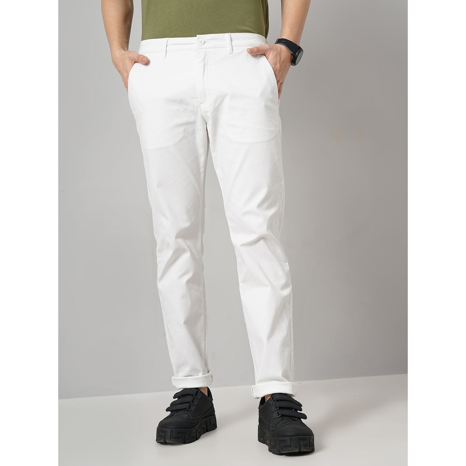 Men's Off White Solid Regular Fit Cotton Chino Trousers (TOCHARLES2)