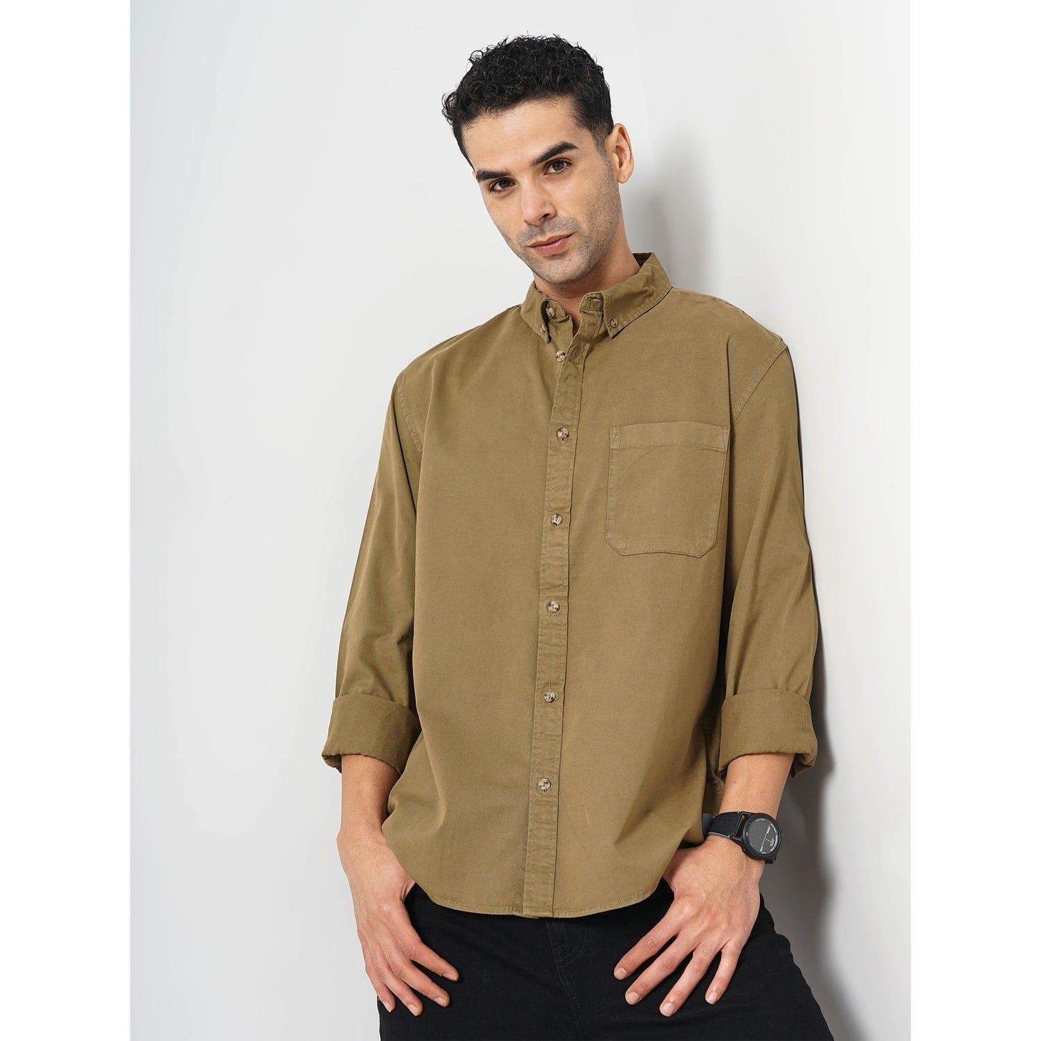 Men's Khaki Solid Regular Fit Cotton Shirt (GAPEACH)