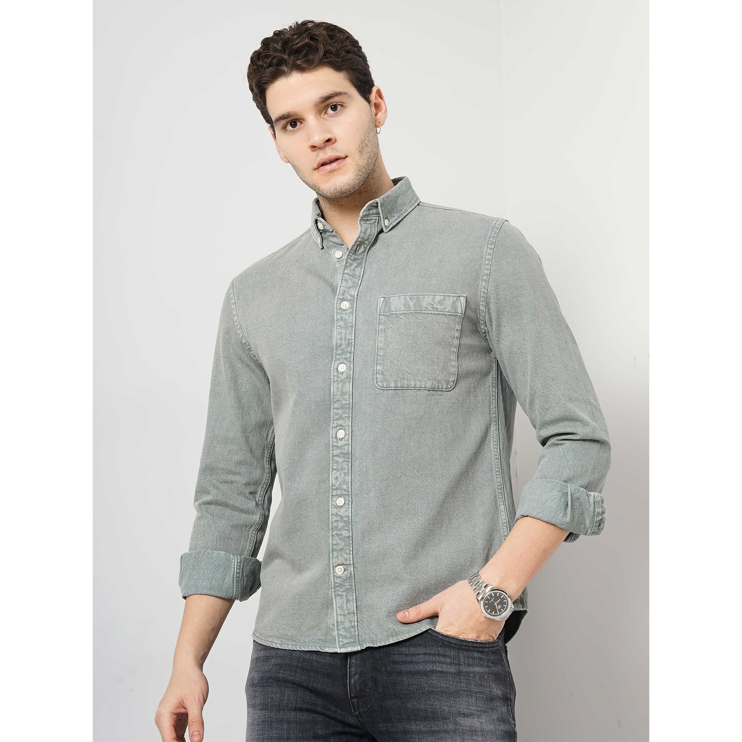 Men's Green Solid Regular Fit Cotton Denim Shirt (GAINDIE)