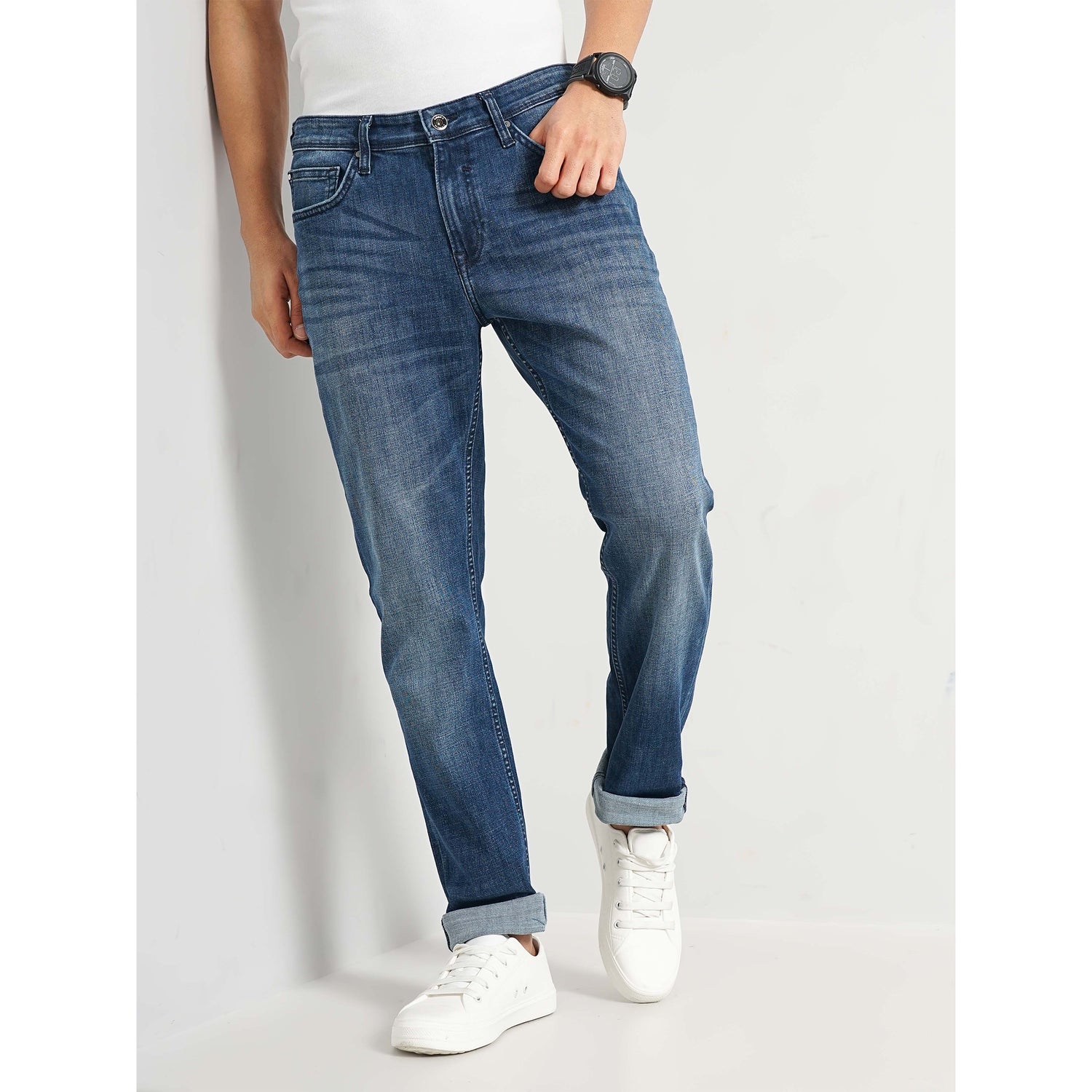 Men's Blue Solid Slim Fit Cotton Jeans (GOCROSS25)