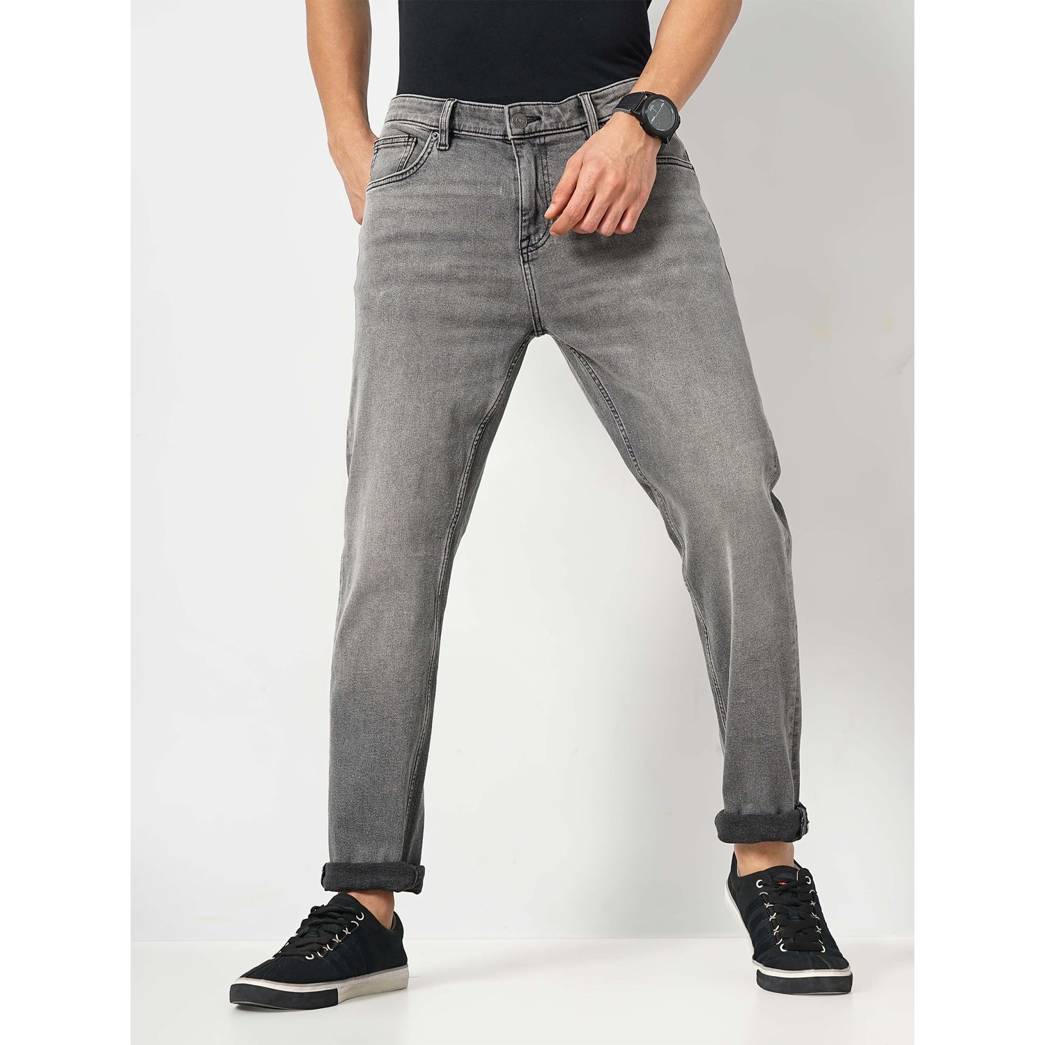 Men's Grey Solid Slim Fit Cotton Jeans (FOSLIM)