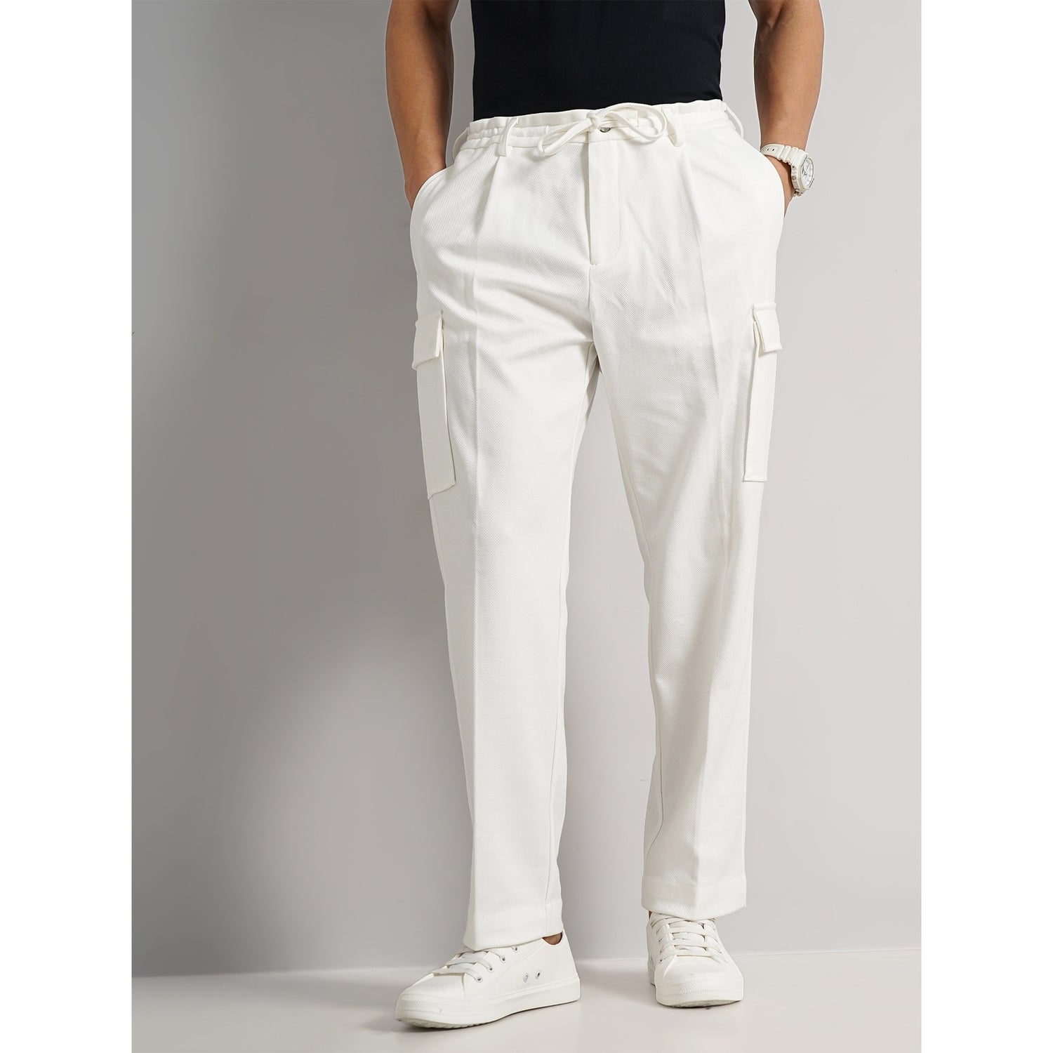 Men's Off White Solid Regular Fit Cotton Trousers (GOTWILL)