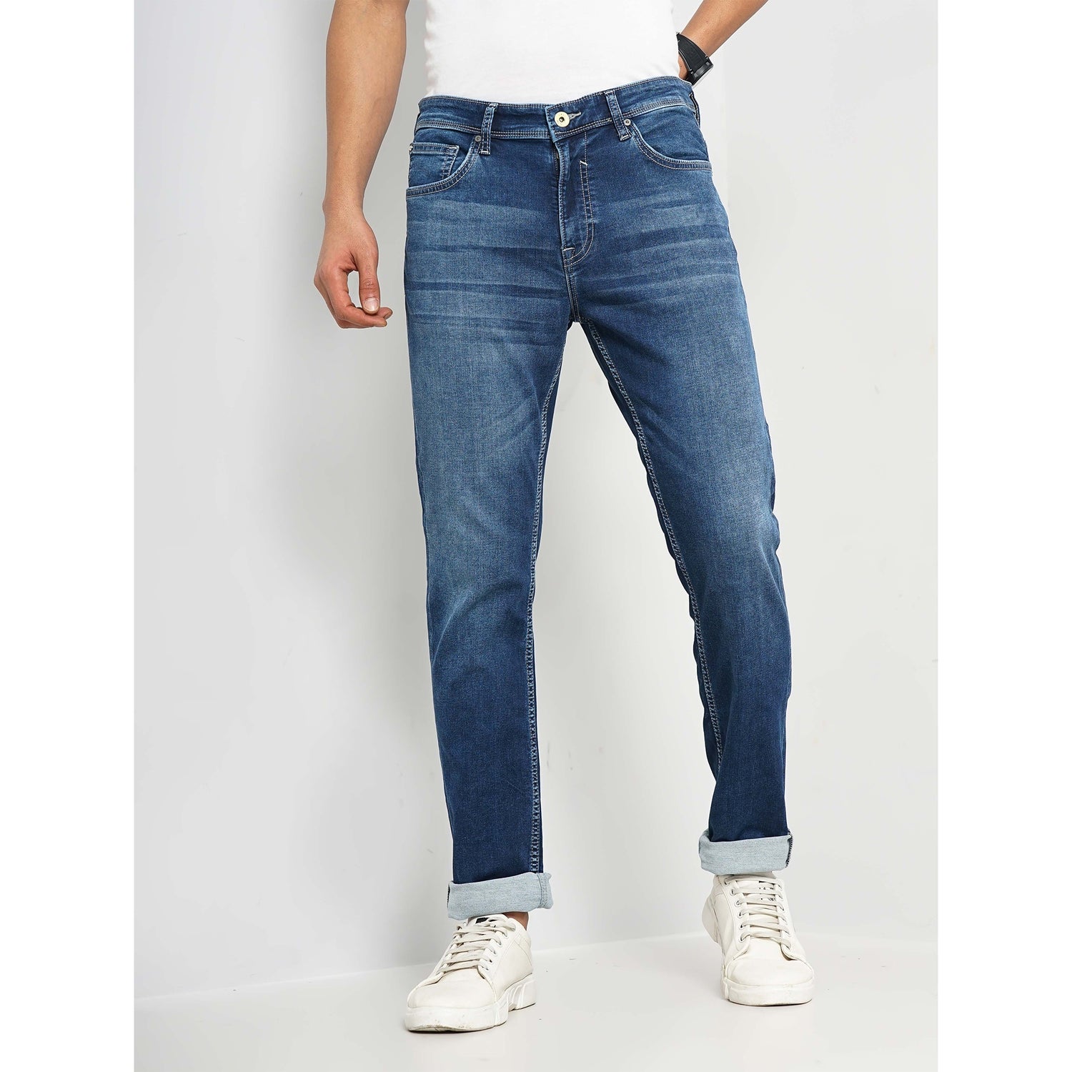 Men's Blue Solid Slim Fit Cotton Jeans (GOGIN25)