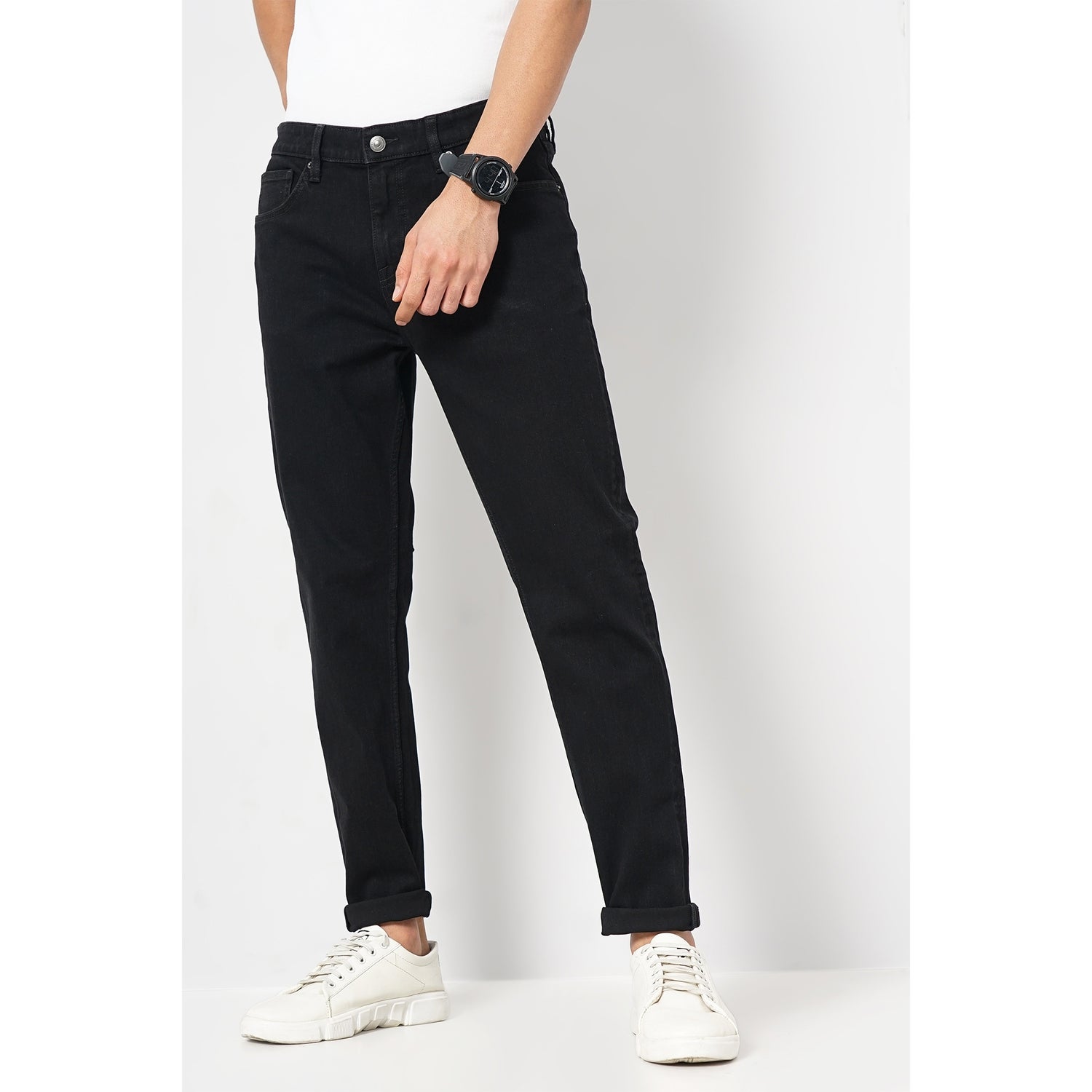 Men's Black Solid Slim Fit Cotton Jeans (FOSLIM)