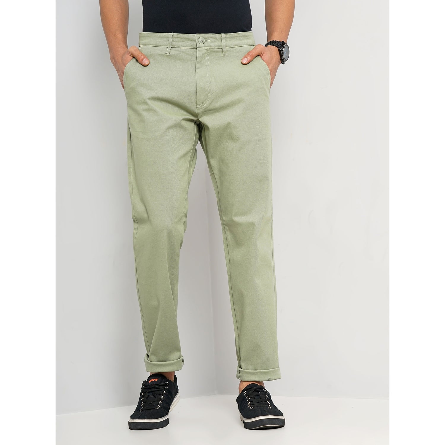 Men's Green Solid Slim Fit Cotton Trousers (TOCHARLES1)