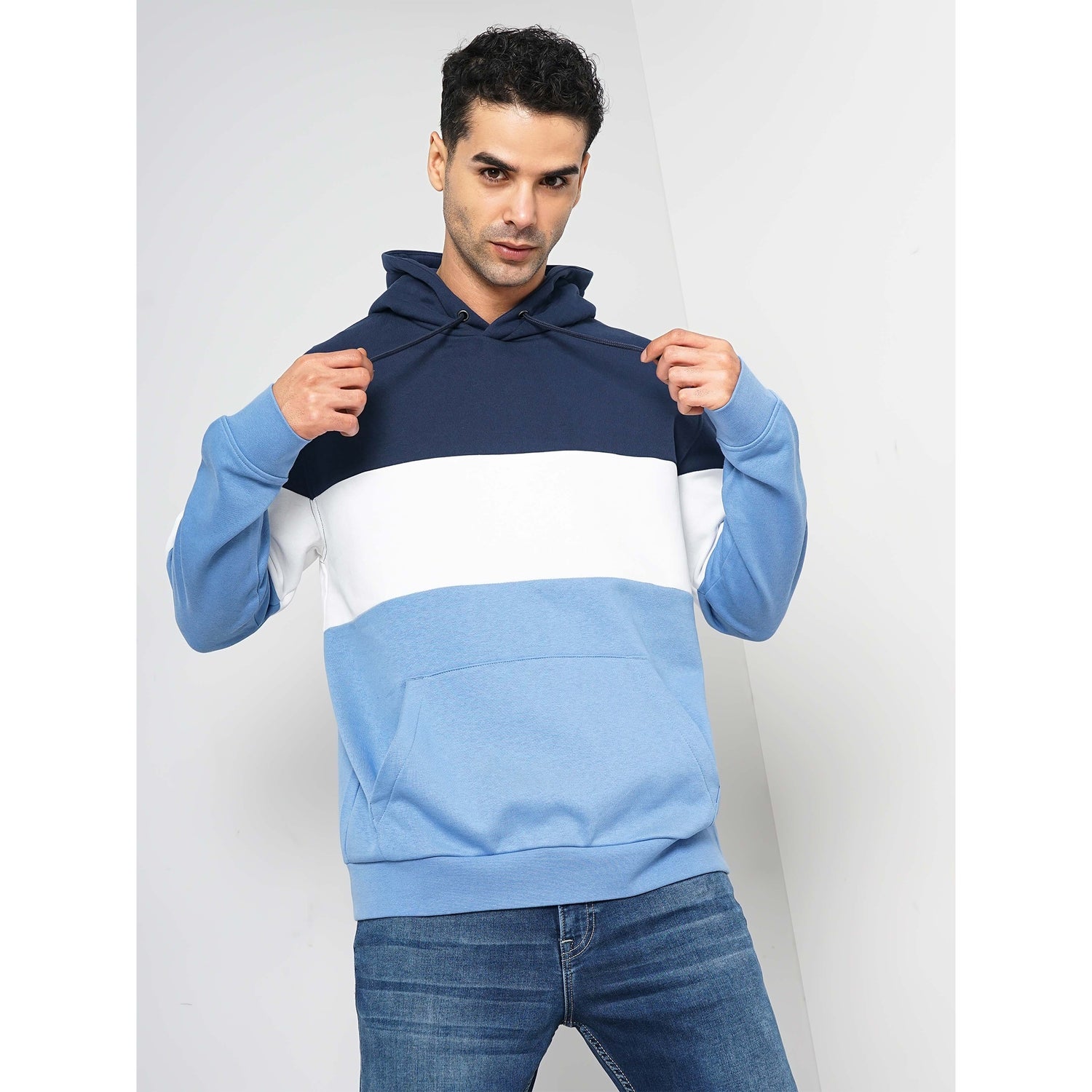 Men's Navy Blue Colourblocked Regular Fit Cotton Sweater (FEVEVER)