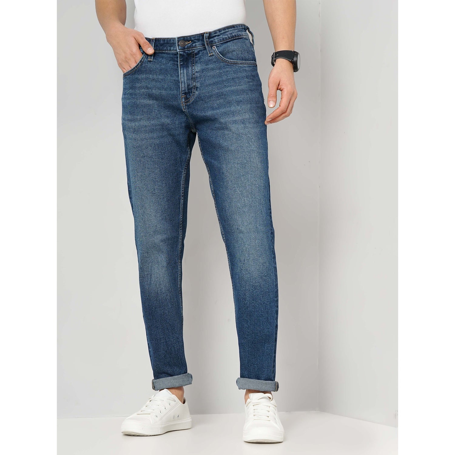 Men's Blue Solid Slim Fit Cotton Jeans (FOSLIM1)