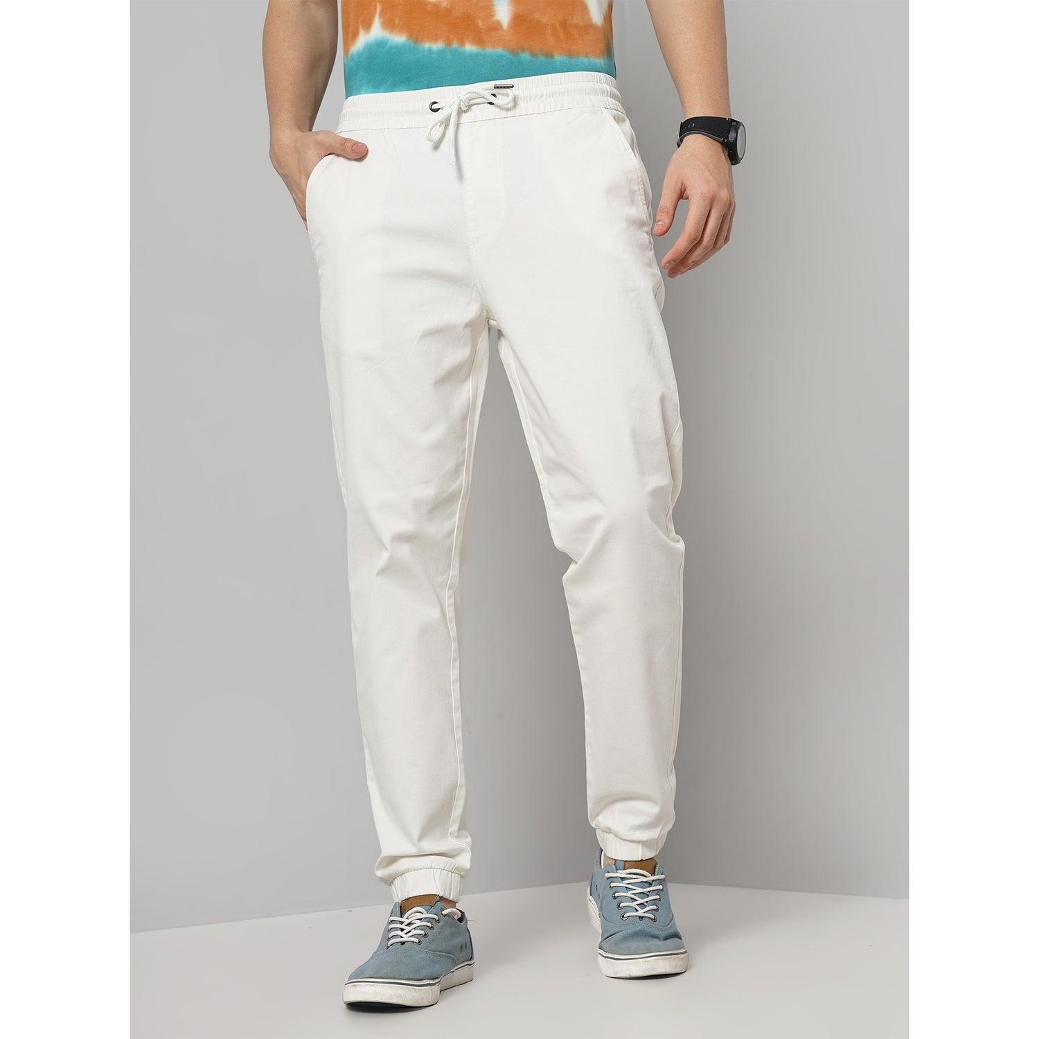 Men's Beige Solid Regular Fit Cotton Joggers Trousers (FOPLANE1)