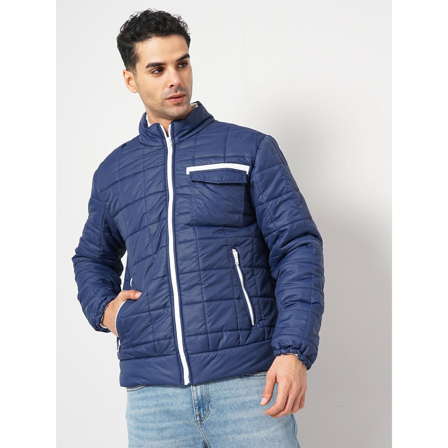 Men's Blue Solid Regular Fit Polyester Puffer Jacket (FUPOLO)