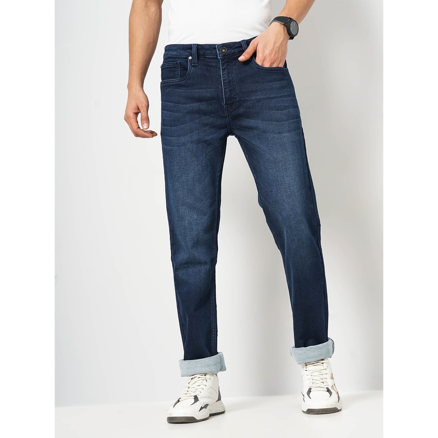 Men's Blue Solid Straight Fit Cotton Knit Denim Jeans (FOFIRSTSTL)
