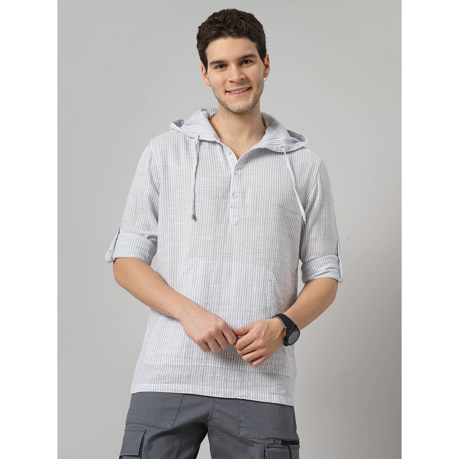 Men's Grey Striped Regular Fit Cotton Casual Shirt (FAHOODBAR)