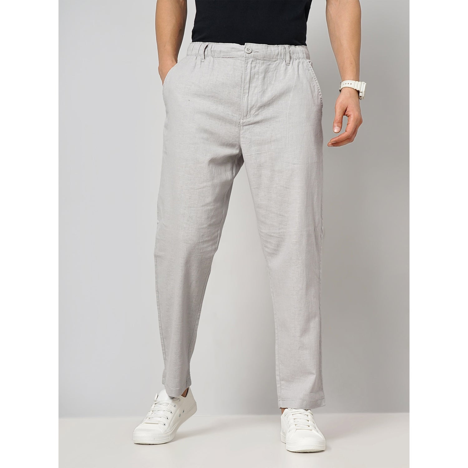 Men's Grey Solid Regular Fit Linen Trousers (DOLINCO1)