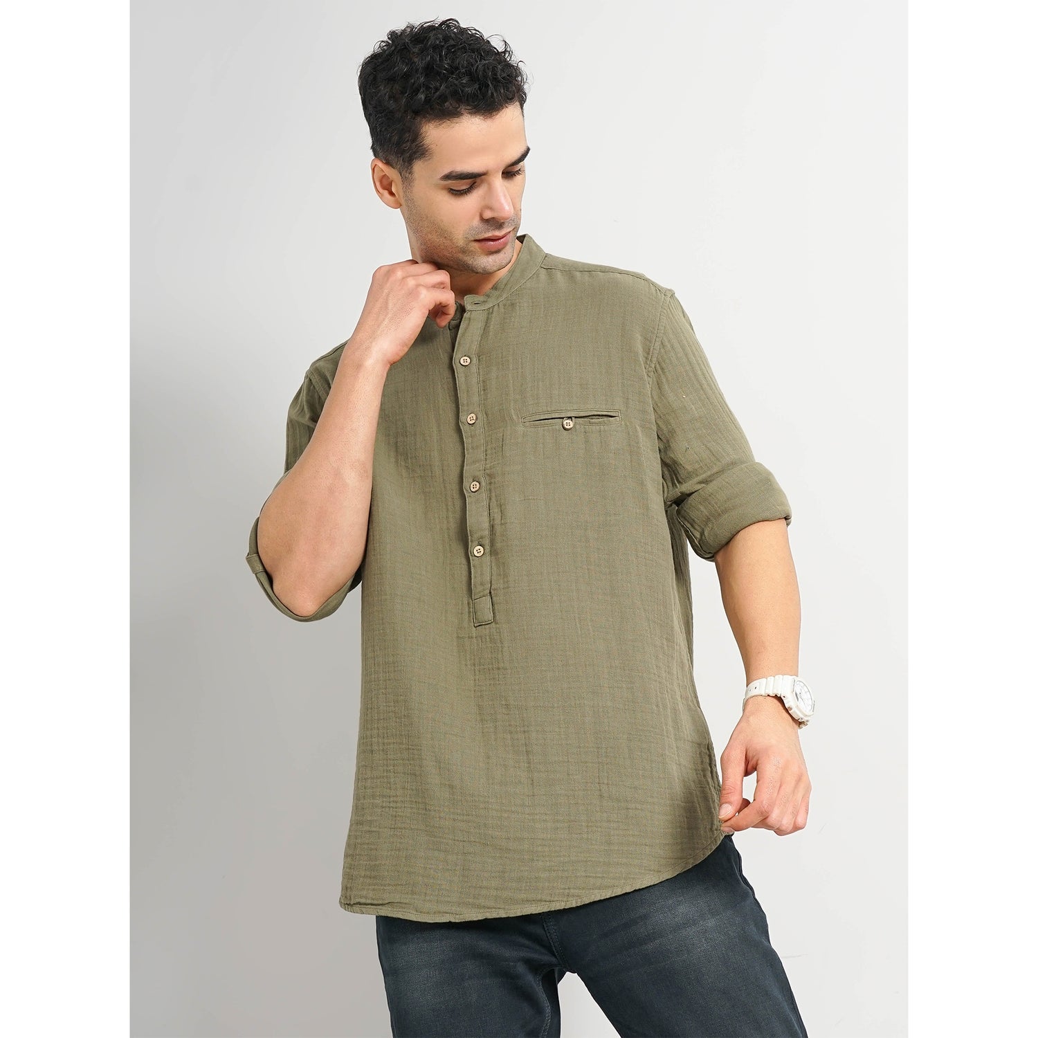 Men's Olive Solid Regular Fit Cotton Double Cloth Shirt (FADOUBLE)