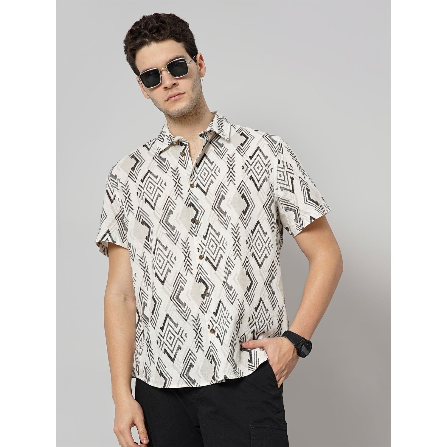 Men's Beige Printed Regular Fit Cotton Casual Shirt (FAZTEC1)