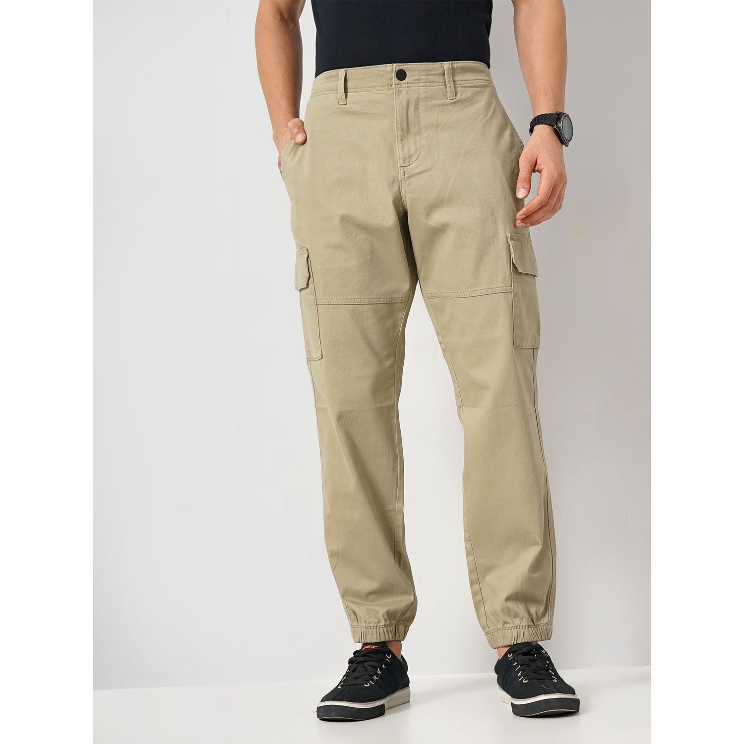 Men's Green Solid Regular Fit Cotton Cargo Trousers (DOLYTE1)