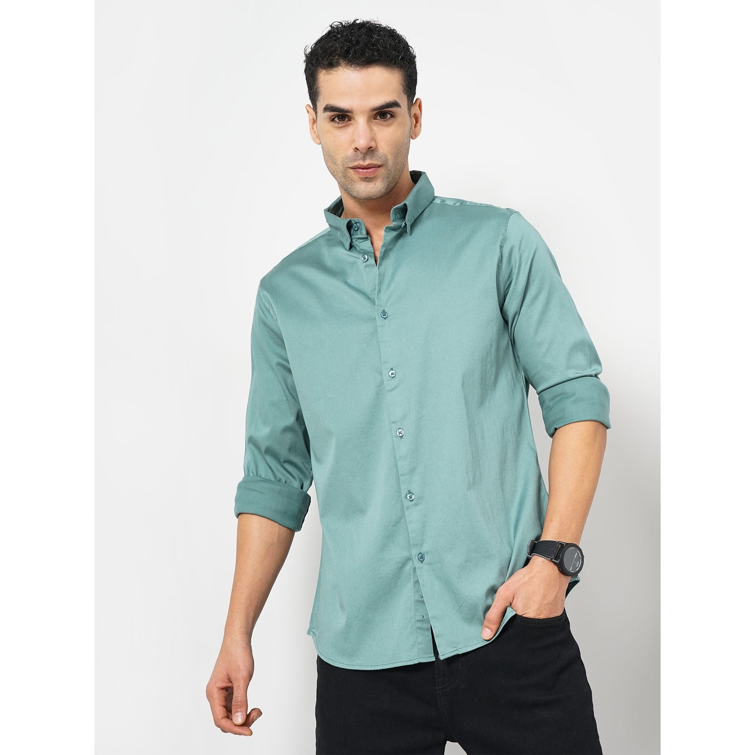 Men's Green Solid Slim Fit Cotton Shirt (FARARE)