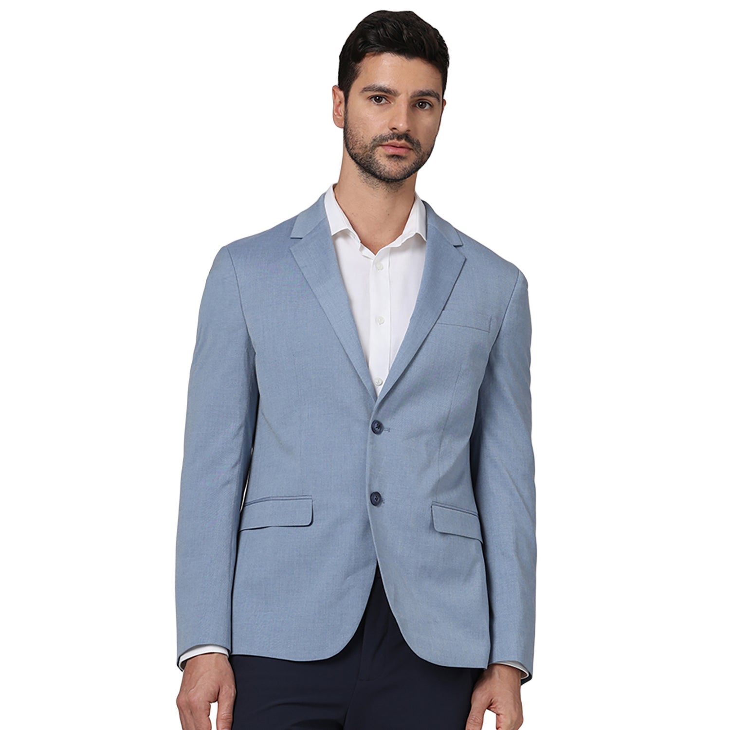 Men Blue Notched Solid Slim Fit Polyester Suit Jacket (BUAMAURY1)