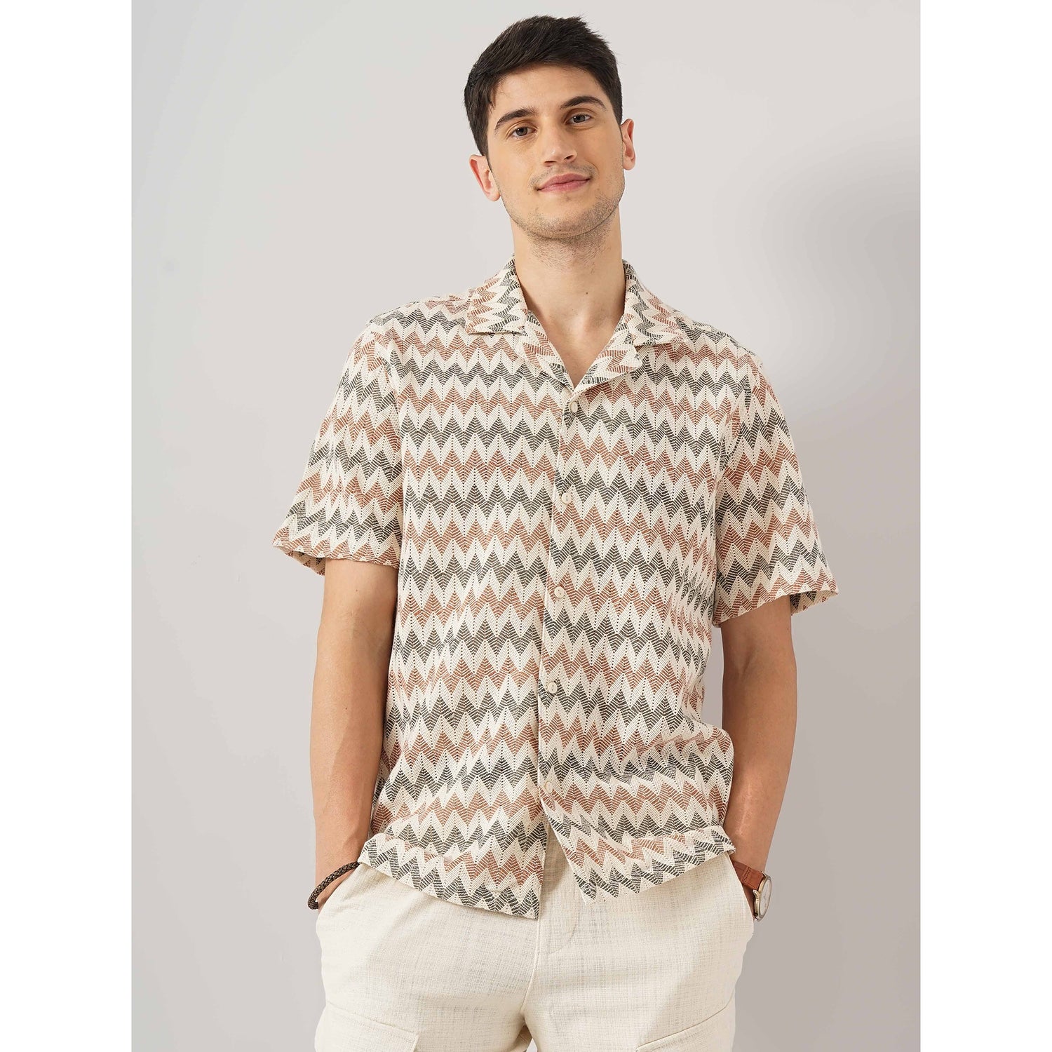 Men Beige Cuban Collar Printed Regular Fit Cotton Flatknit Casual Shirt (GACROCHET2)