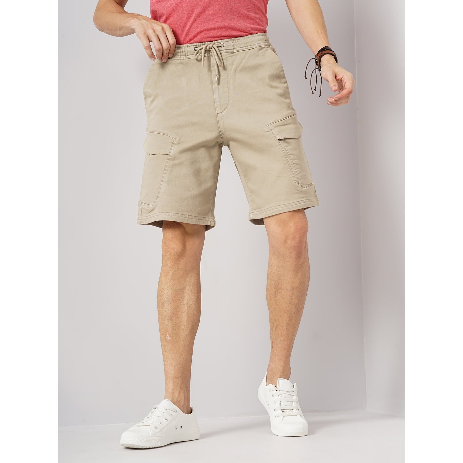 Men Beige Solid Loose Fit Cotton Casual Shorts (GOJOGBM)