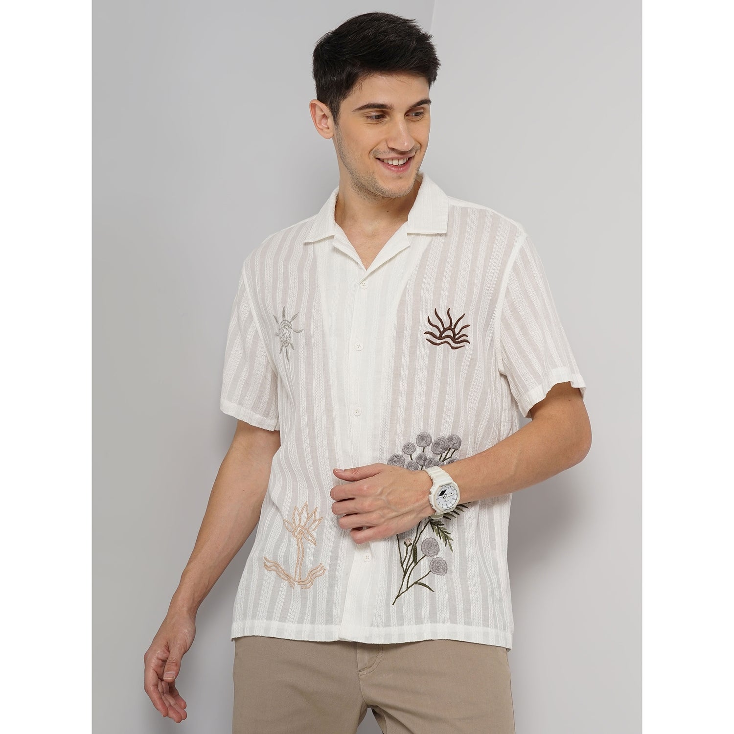 Men White Cuban Collar Embroidered Regular Fit Cotton Casual Shirt (GAEMB1)