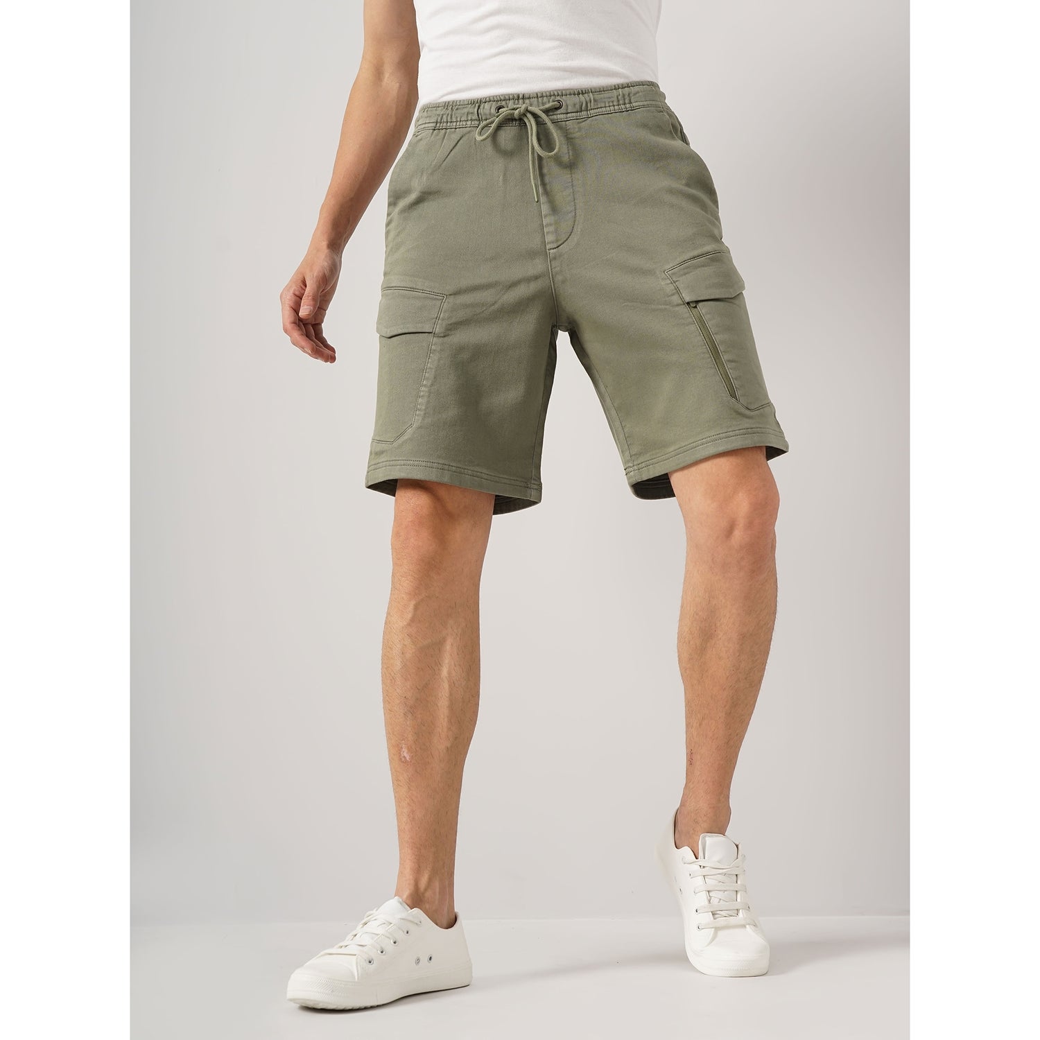Men Olive Solid Loose Fit Cotton Casual Shorts (GOJOGBM)
