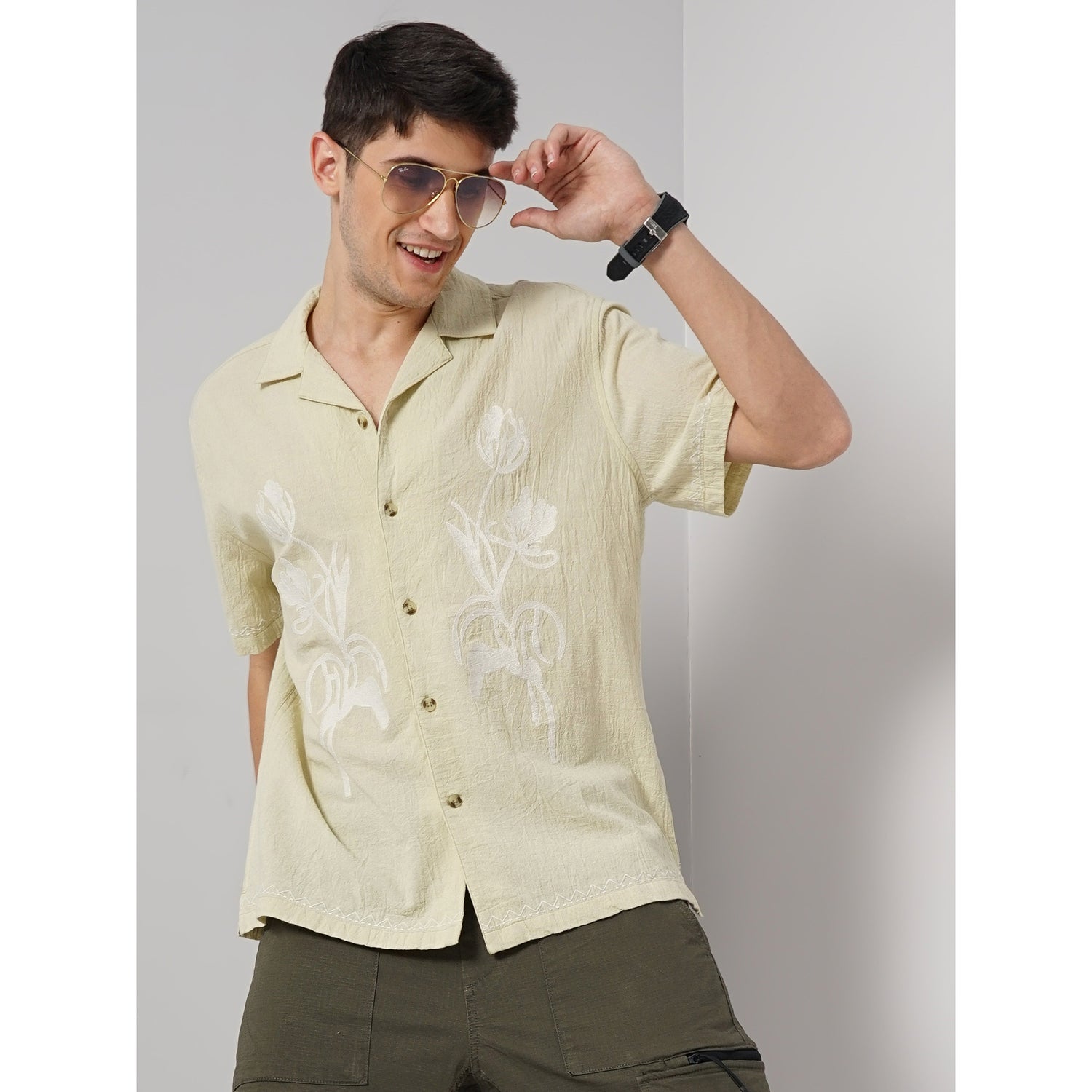 Men Green Cuban Collar Embroidered Regular Fit Cotton Casual Shirt (GAEMB3)
