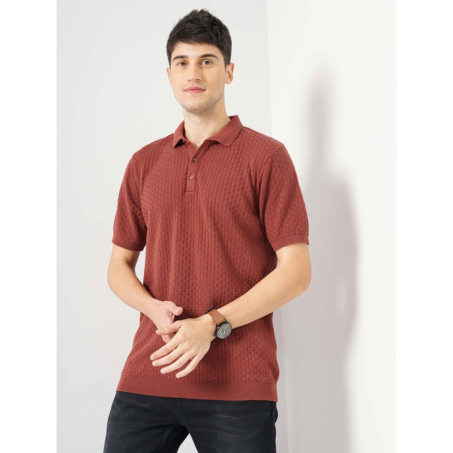 Men Brown Polo Collar Solid Regular Fit Cotton Flat Knit T-Shirt (GEFLATTEX)