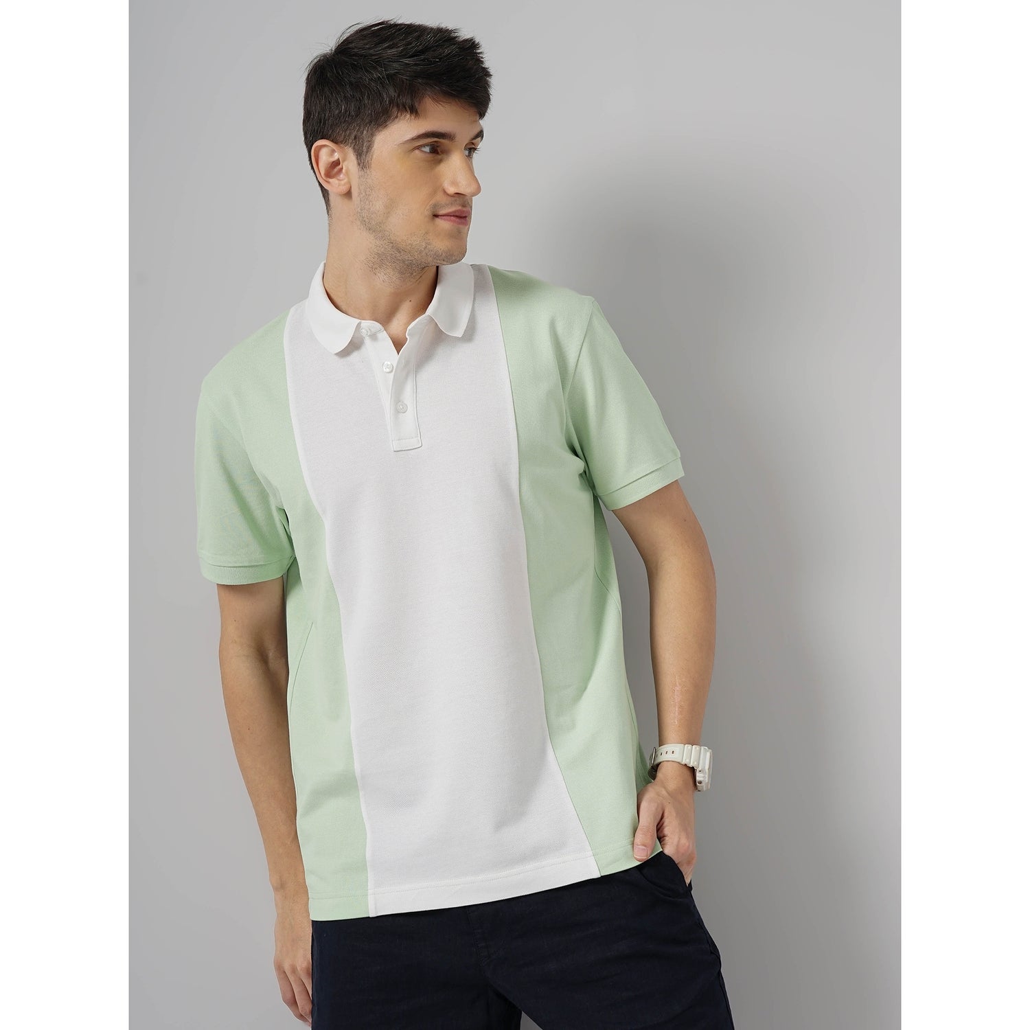 Men Green Polo Collar Colourblocked Regular Fit Cotton Fashion Polo T-Shirt (GETROISIN)