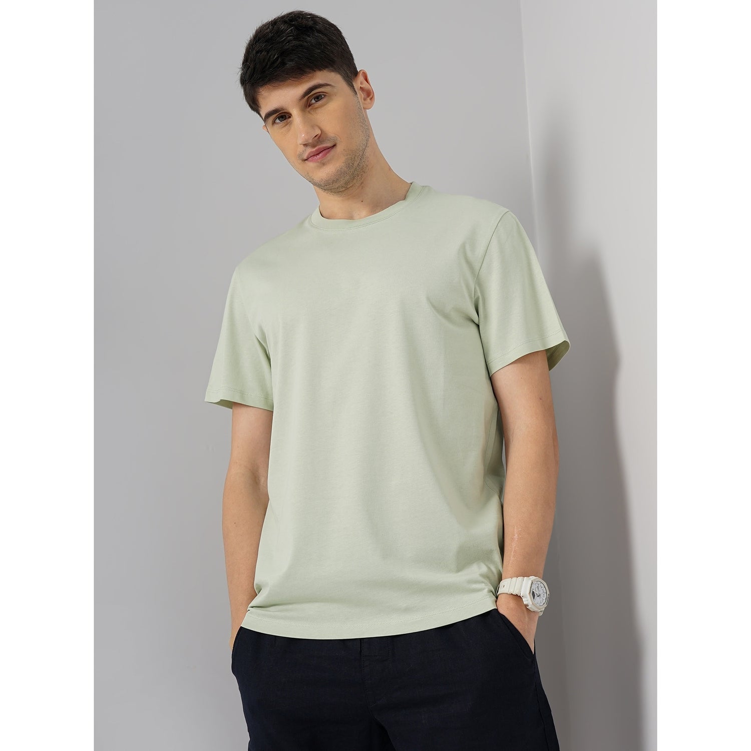 Men Green Round Neck Solid Regular Fit Cotton T-Shirt (TEBASE2)