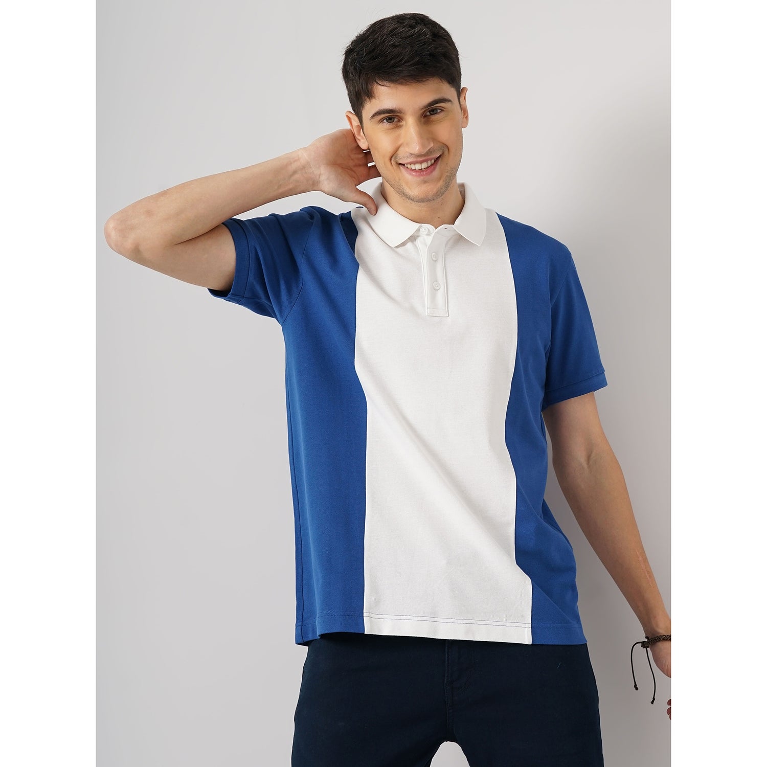 Men Blue Polo Collar Colourblocked Regular Fit Cotton Fashion Polo T-Shirt (GETROISIN)