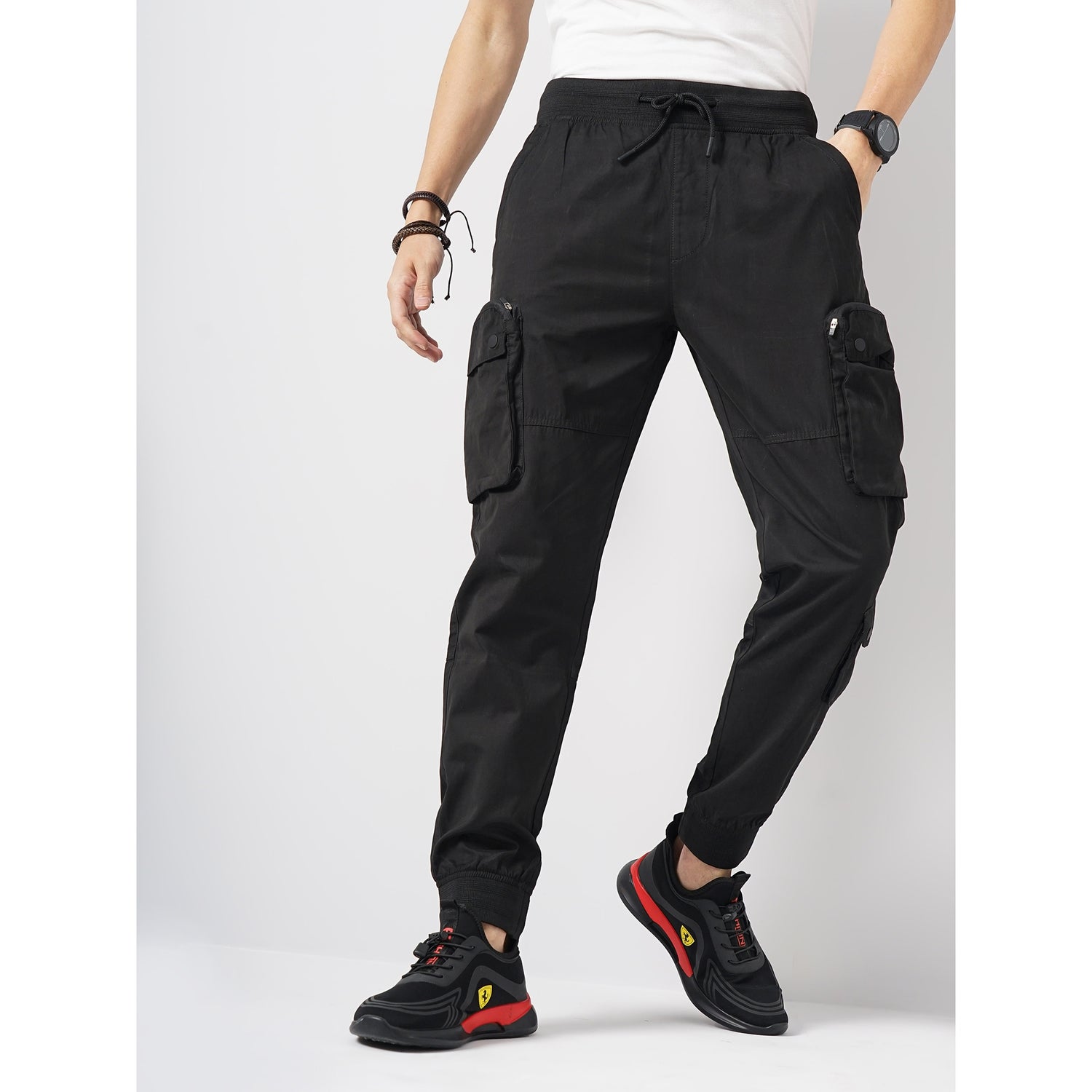 Men Black Solid Regular Fit Polyester Cargo Trouser (GODODU)