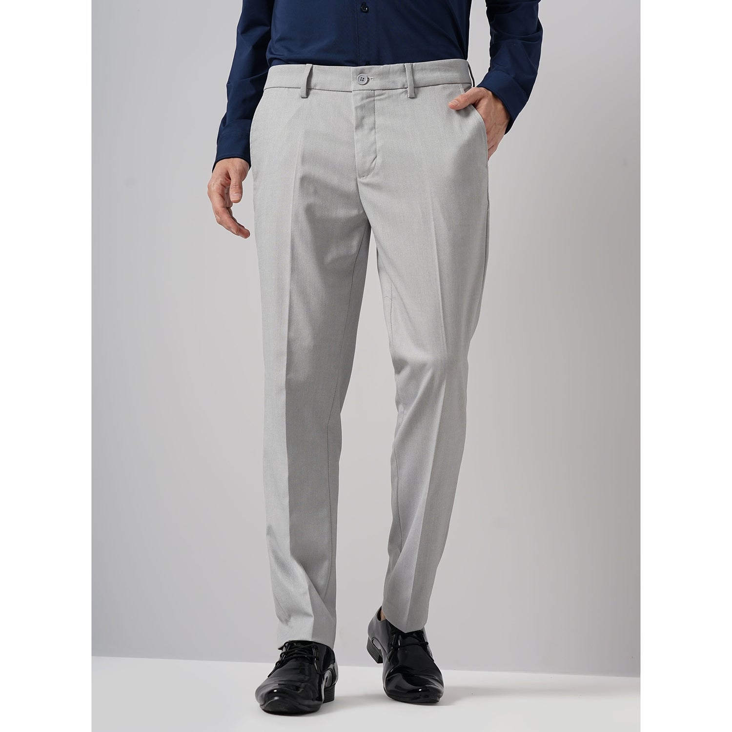 Men Grey Solid Slim Fit Polyester Formal Trouser (GOSMARTY)