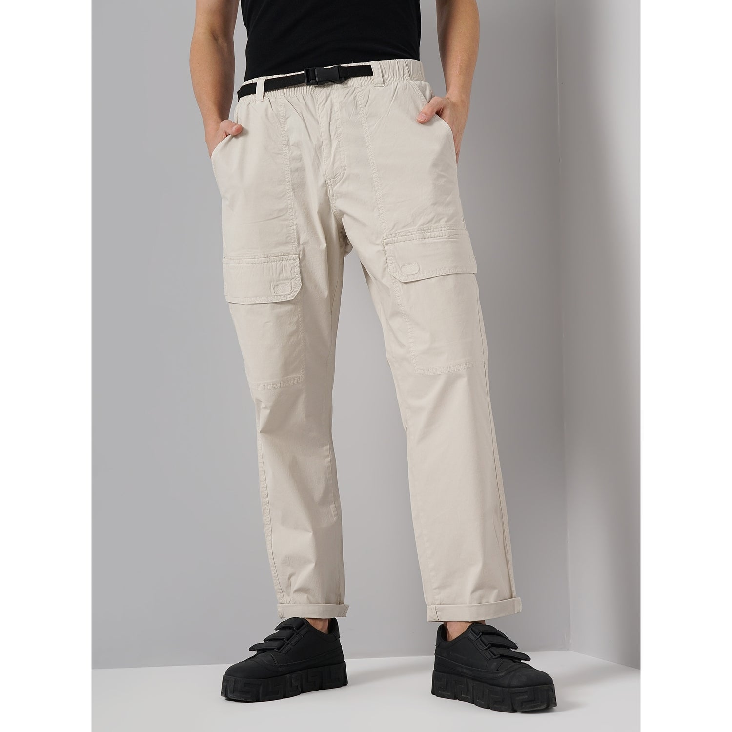 Men Beige Solid Regular Fit Cotton Cargo Trouser (GOTRECK)