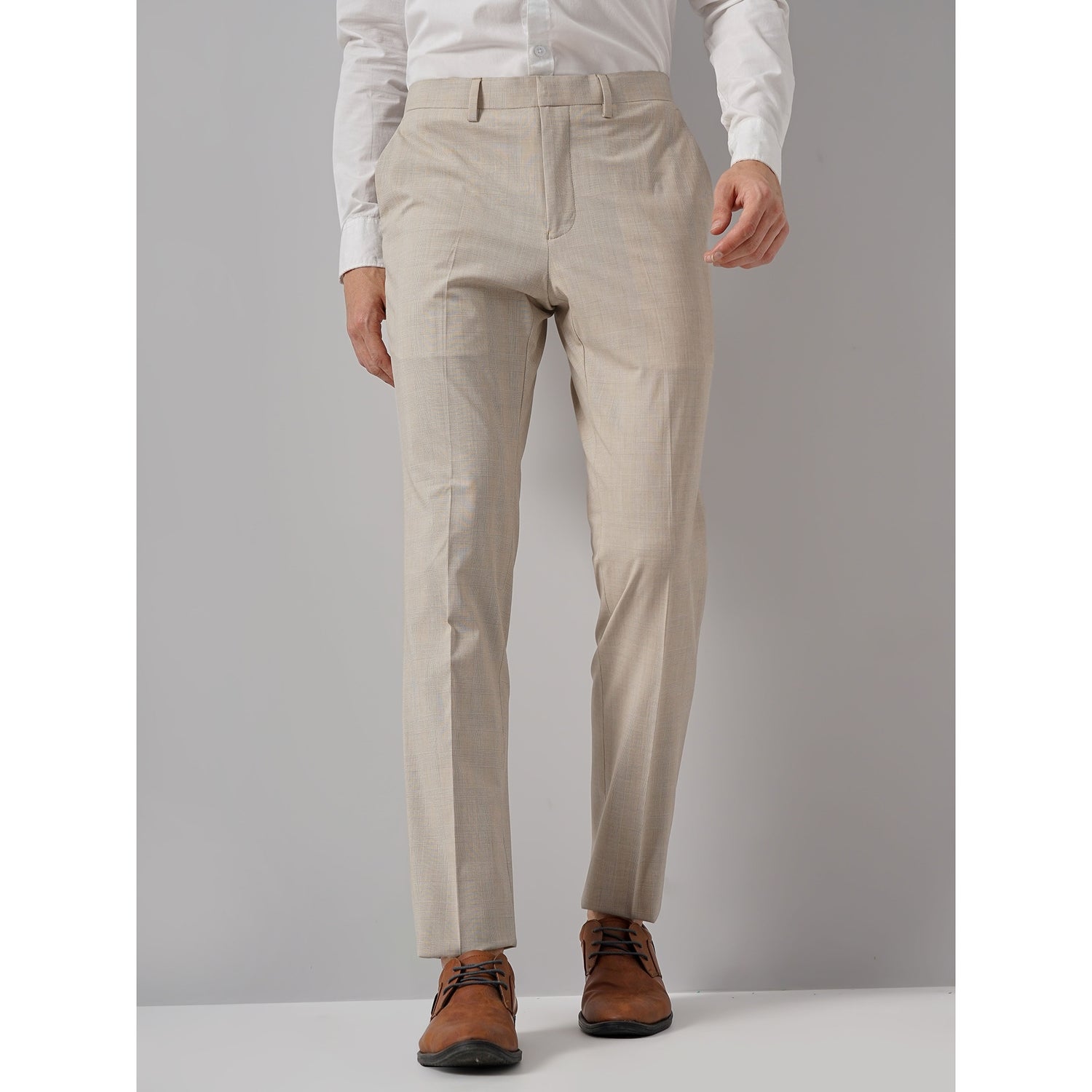 Men Beige Solid Regular Fit Polyester Suit Pants Trouser (GOGABINFUN)