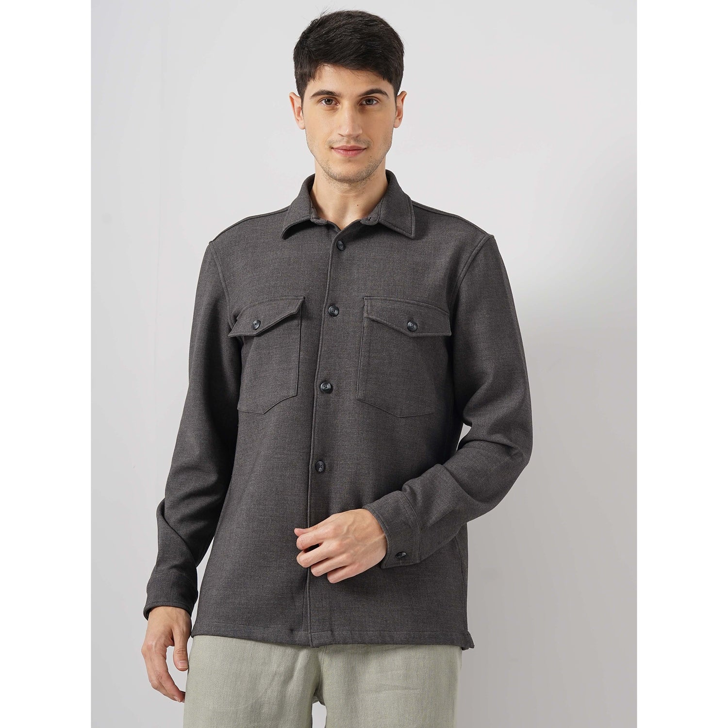 Men Grey Spread Collar Solid Regular Fit Polyester Overshirt Casual Shirt (GASMARTIN)